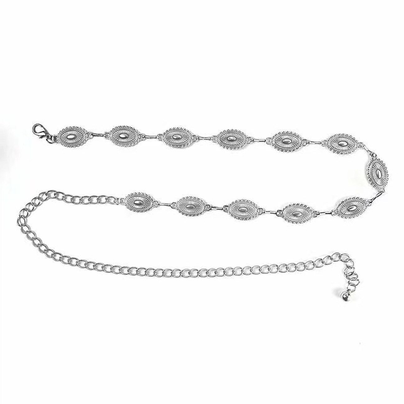 KARMA Hüftgürtel Damen silber verstellbar 108 cm Gürtel mit Medaillons (Festival Outfit Kettengürtel Vintage Stil, Modegürtel für Taille oder Hüfte) Metallgürtel für Kleid Rock Boho Accessoire