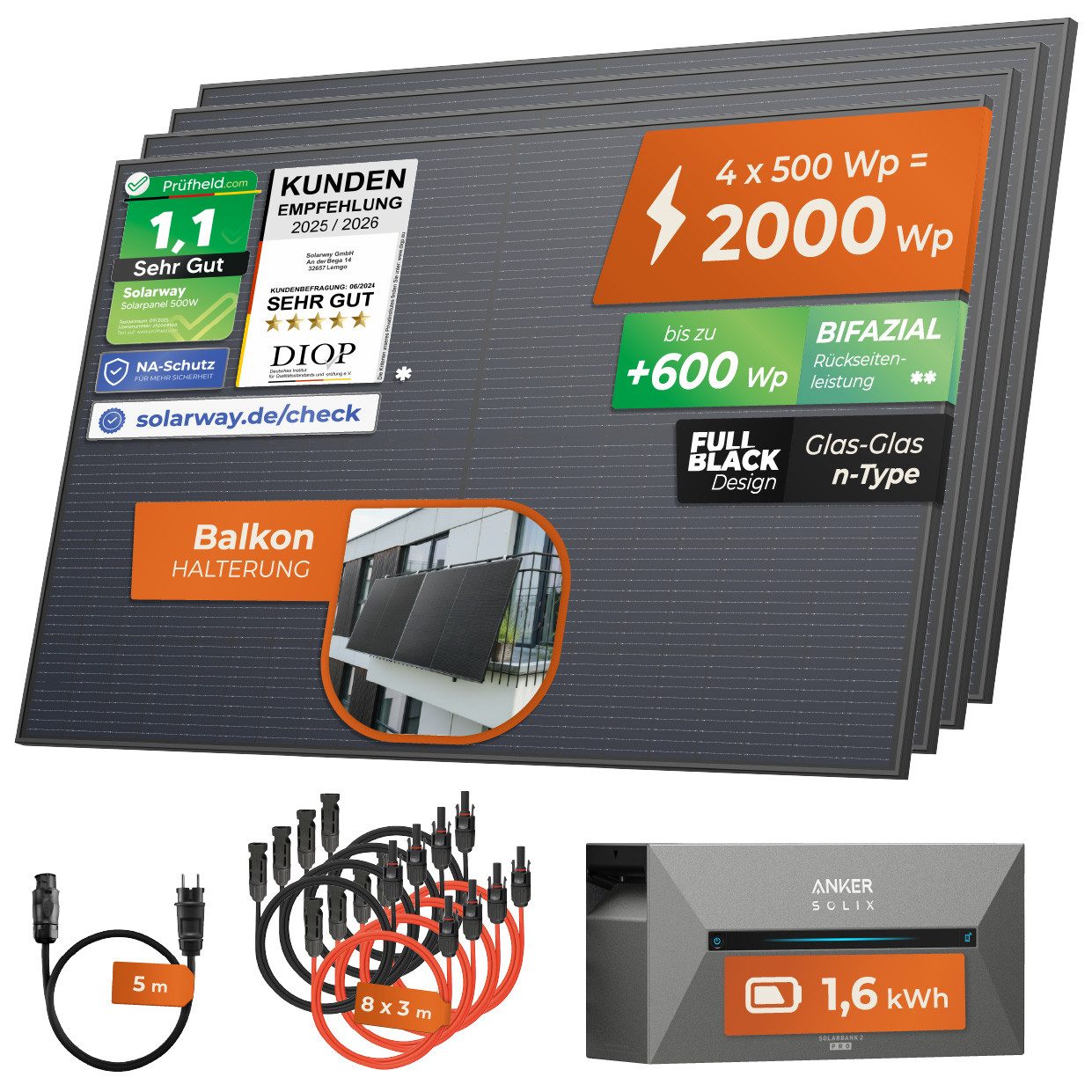 Solarway Balkonkraftwerk mit Speicher All in One 2000 Wp / 800 Watt 1,6 kWh Anker Solix 2 Pro, 2000 W, (500Wp, 1600Wh Batterie, Kabel Schuko zu Betteri, MC4-Ste – Bild 2 von 5