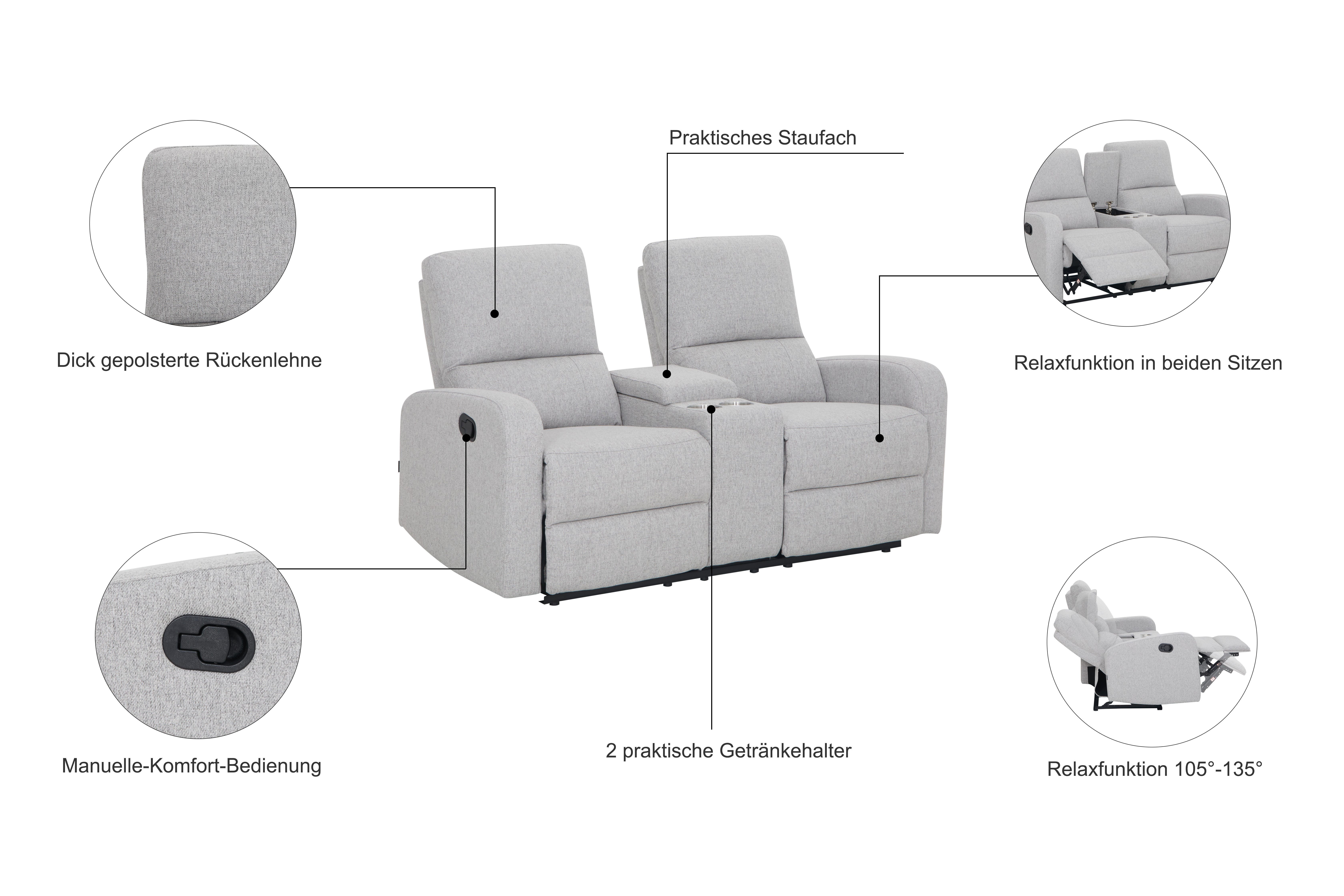 Home affaire 2-Sitzer TOURNAY, 2er-Kinosofa, Liegesofa, TV-Sessel, Multimedia-Sofa, mit manueller Relaxfunktion, Getränkehalter, Staufach