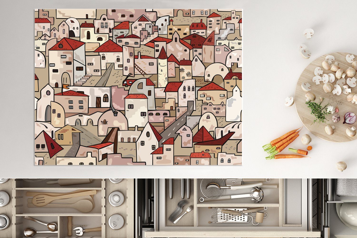 MuchoWow Herdblende-/Abdeckplatte Muster - Straße Mobile Häuser, Vinyl, 70x52 Arbeitsfläche (1 cm, nutzbar, tlg), Ceranfeldabdeckung 