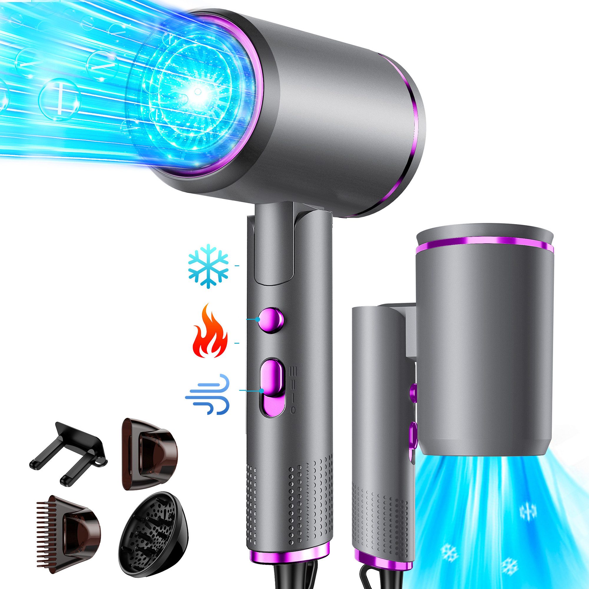 OYLCDI Фены Ionen,klappbar,Schnelltrocknen Hair Dryer,Elektrischer Фены, 2400 W, mit 3 Stylingdüsen & 6 Temperatureinstellungen,Klappbar Фены, Hairdryer Frisuren Zubehör Reisehaartrockner