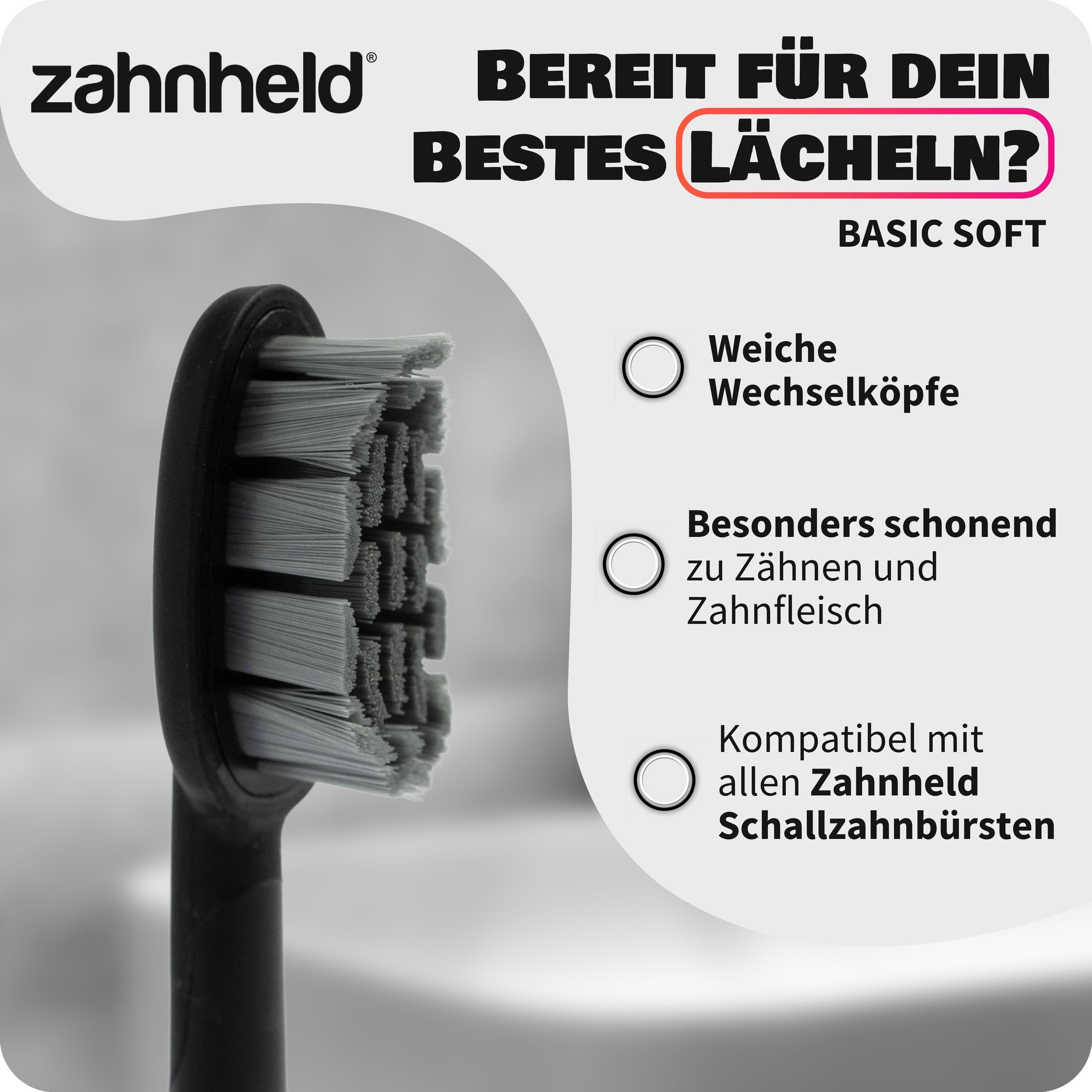 Zahnheld Aufsteckbürsten Ersatzbürsten Basic Soft - ideal für Schallzahnbürste Gero, im 3er, 6er oder 9er Set, Zahnpflege Set, sensibles Zahnfleisch & Zähne, plastikfrei verpackt, 3 Stück, schwarz