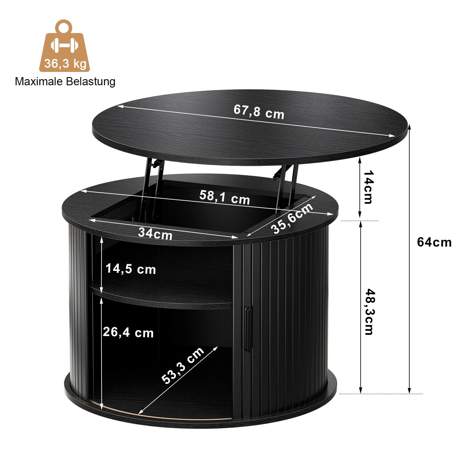 FABATO Couchtisch Runder Couchtisch mit Lift-Funktion & gewelltem Holzdekor (1-St., mit verstecktem Stauraum, offenem Regal), drehbarer Schiebetür als kleiner E – Bild 4 von 5