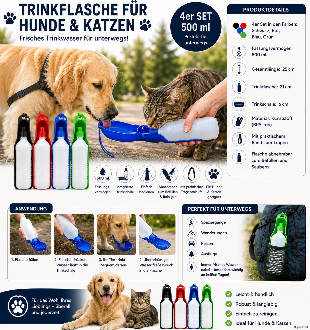 HH-Haushalt Trinkflasche Hunde- & Katzen Trinkflasche 500 ml 4er Set – Tragbare Wasserflasche