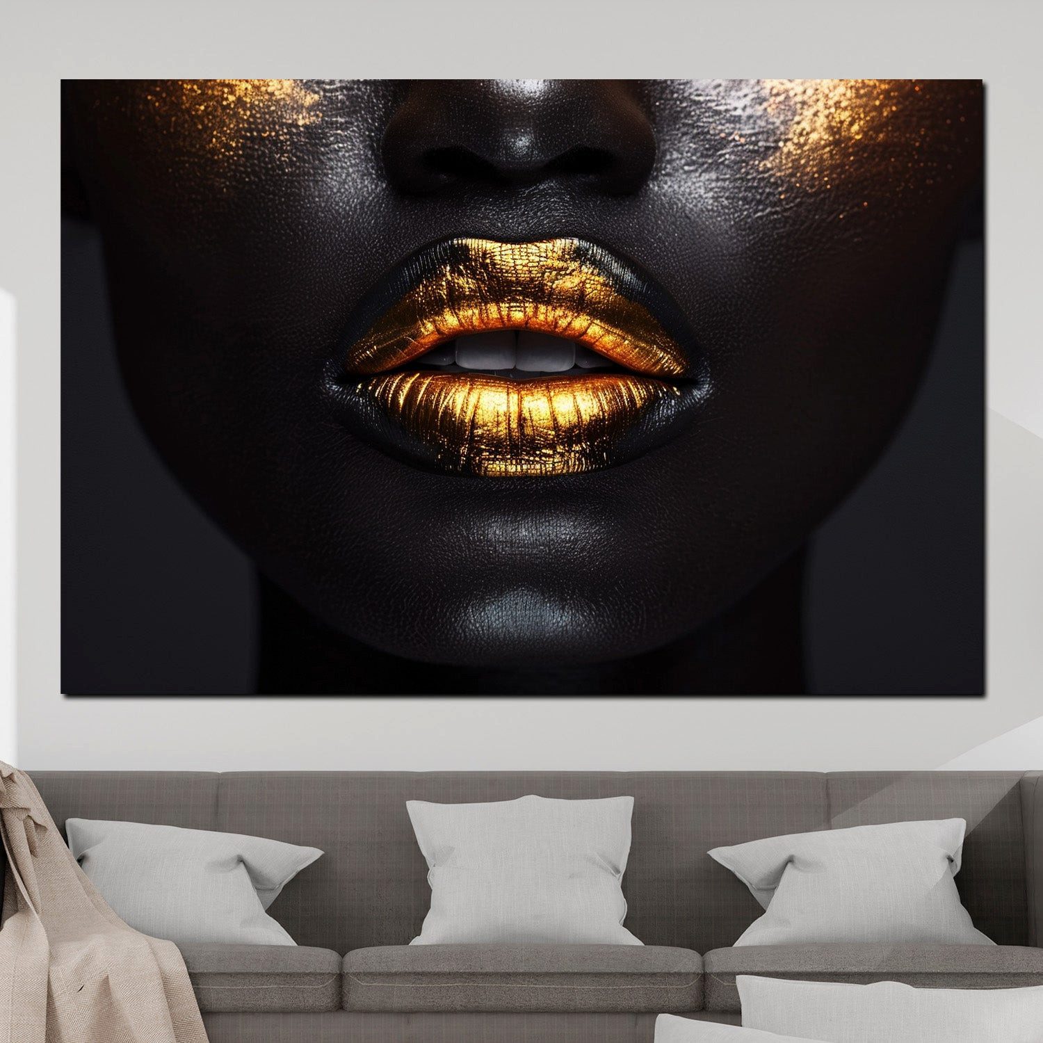Artedinoi Leinwandbild Goldene Lippen schwarze Haut edel Leinwandbild Wandbild XXL Deko, Goldene Lippen auf schwarzer Haut