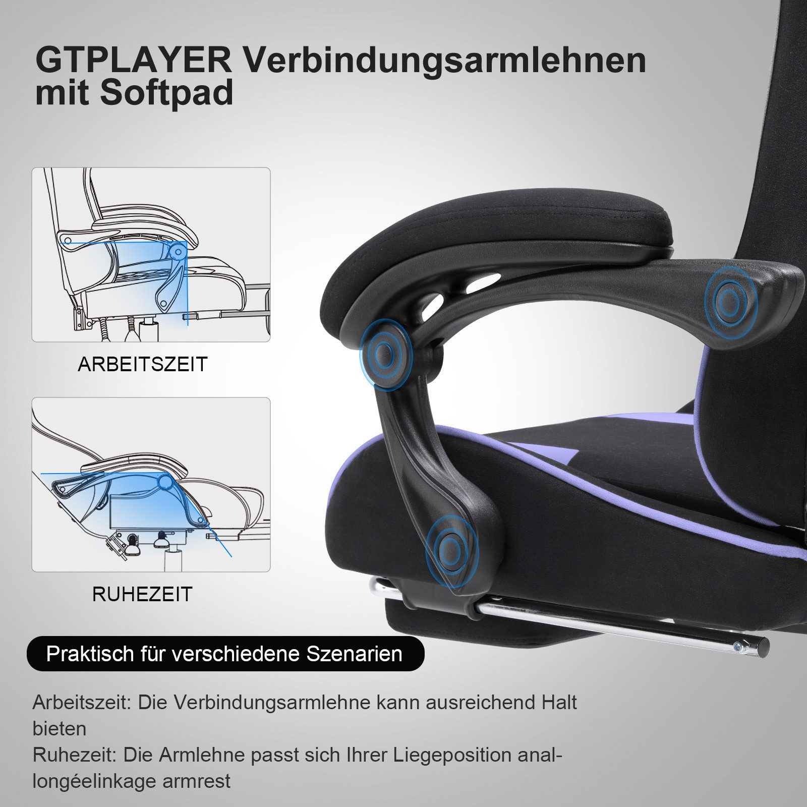 GTPLAYER Gaming-Stuhl Bürostuhl mit Massagefunktion, Fußstütze, Kopfstütze (Packung), Ergonomischer Gamer Stuhl Maximale Belastung 150 kg, 360° drehbar – Bild 3 von 5