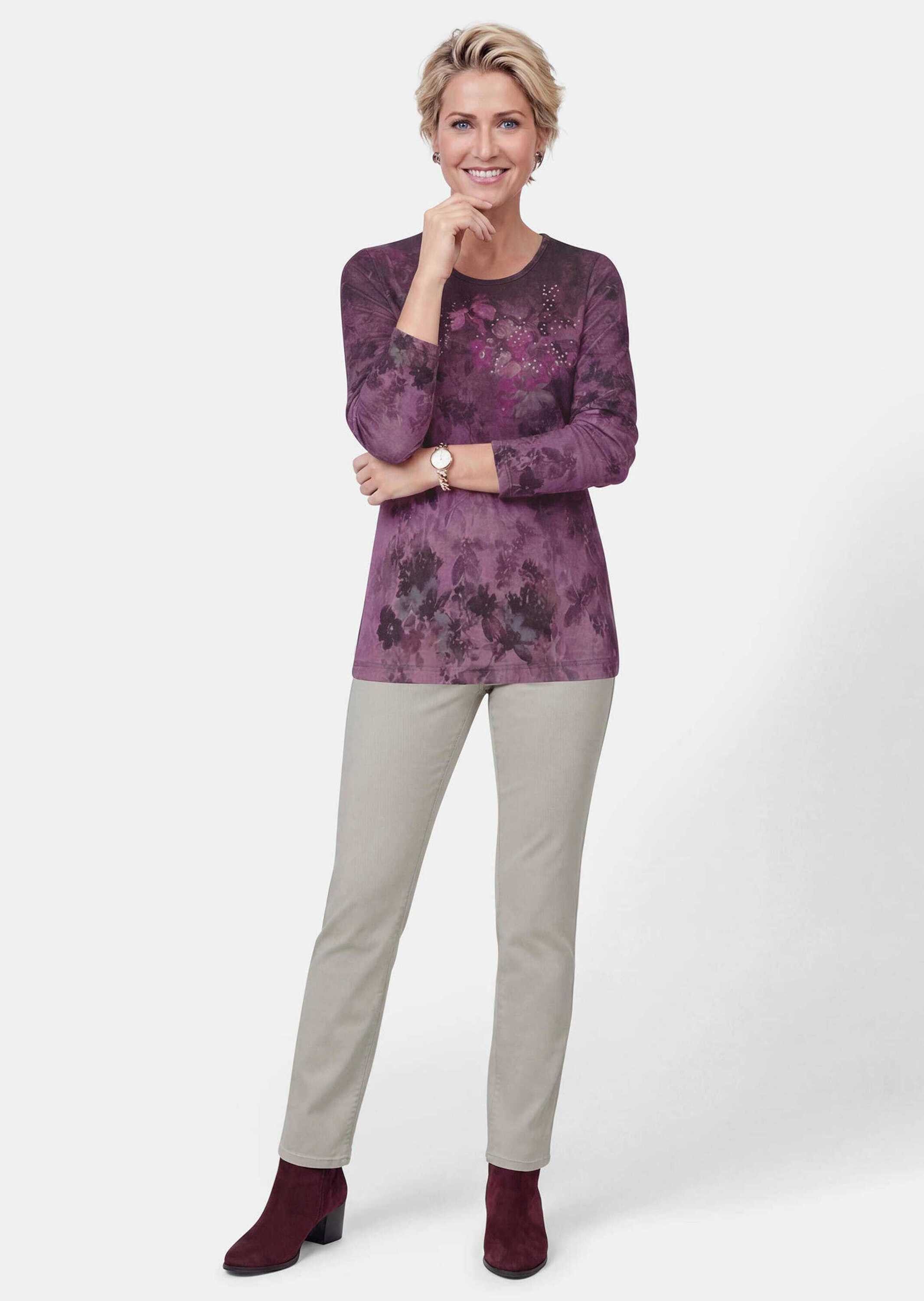 GOLDNER Langarmshirt Jerseyshirt mit Blütenranken Flauschiges Langarmshirt mit Glitzersteinen, Rundhals