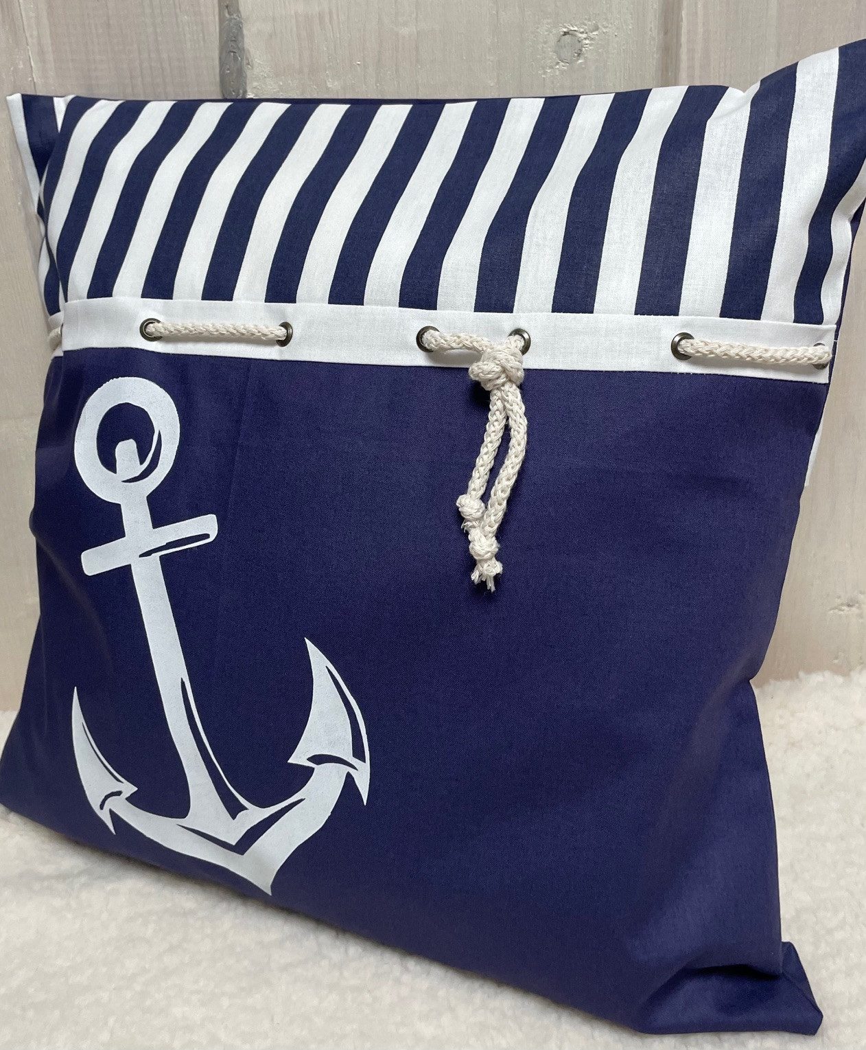 Ammerkind Dekokissen Maritimer Kissenbezug " Anker" blau/weiß, Kissenbezug ohne Füllung, 100% Handarbeit