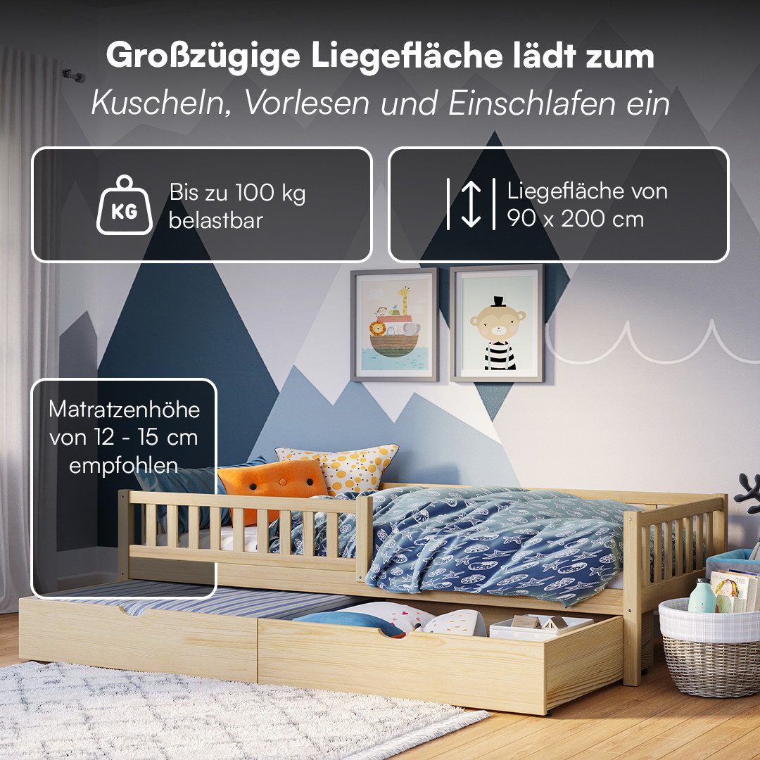 Bellabino Kinderbett Vils 90x200 cm mit Rausfallschutz, Lattenrost, Kiefer Massivholz (natur, mit großer Schublade, optional mit Matratze) – Bild 4 von 5