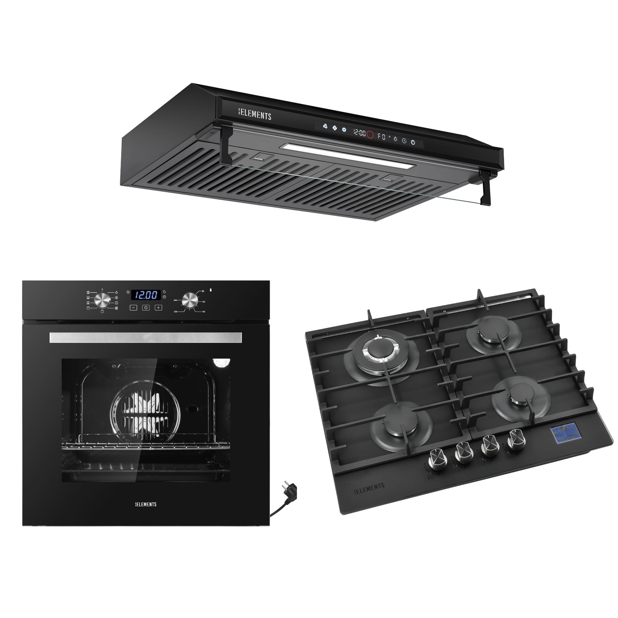 KB Elements Backofen-Set Einbaubackofen 60 cm mit Gaskochfeld 4 Flammig, Aqua Clean, Gaskochfeld mit digitalem Gasstopp-Timer