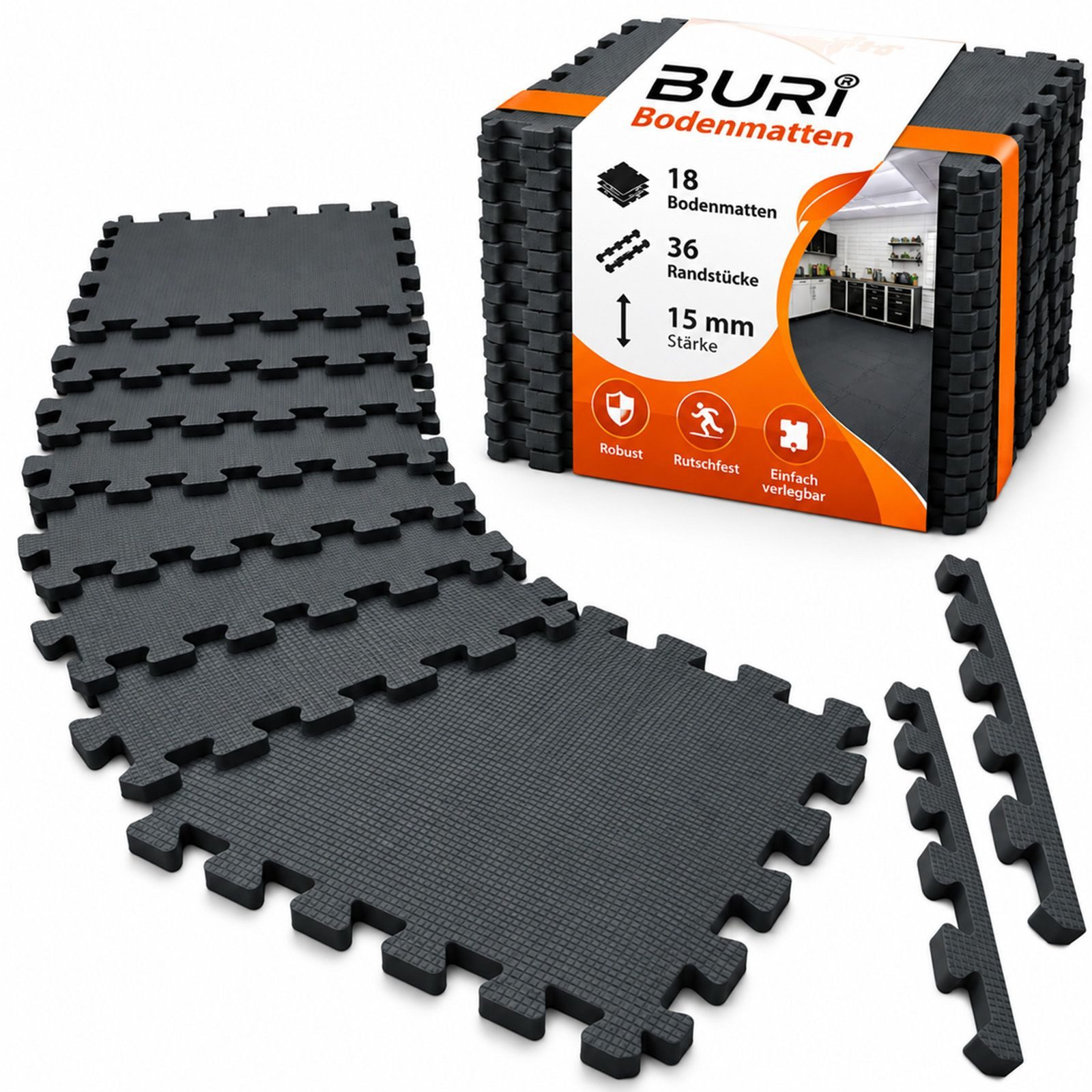 BURI Bodenschutzmatte Bodenschutzmatten 18er Set 15 mm Puzzlematten für Fitness und Geräte, 18-St. von BURI
