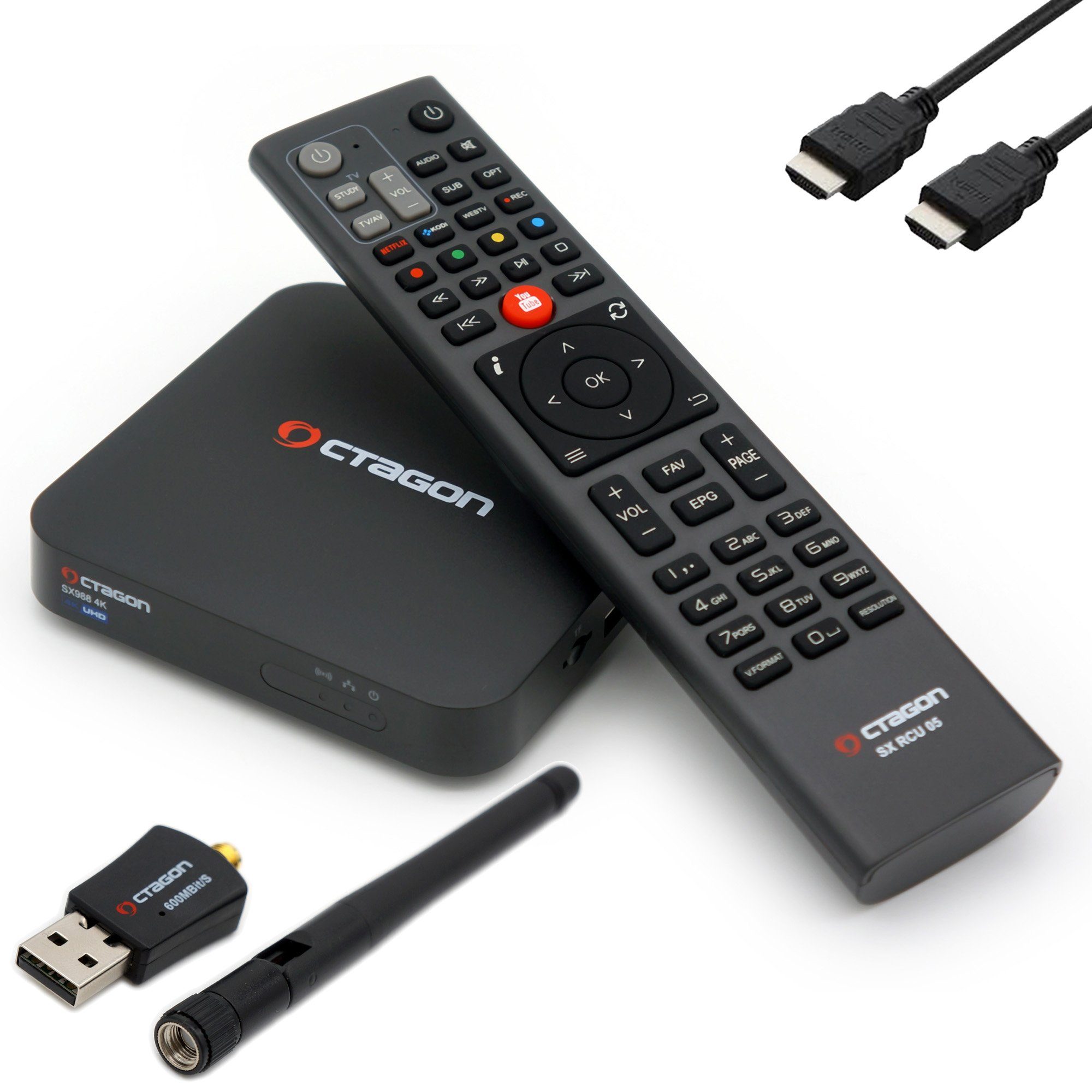 OCTAGON Streaming-Box SX988 4K UHD IP H.265 HEVC IPTV Box + 600 Mbits 5G WiFi Stick, IPTV Support, Media Player, YouTube, Sat to IP Support