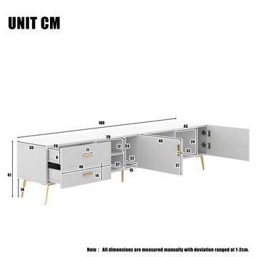 IDEASY TV-Schrank lowboard,vertikale Streifendekoration,Metallbeine, (Metallgriffe, MDF, bietet Platz für Fernseher bis zu 80 Zoll) 2 Schubladen, 3 offene Fächer