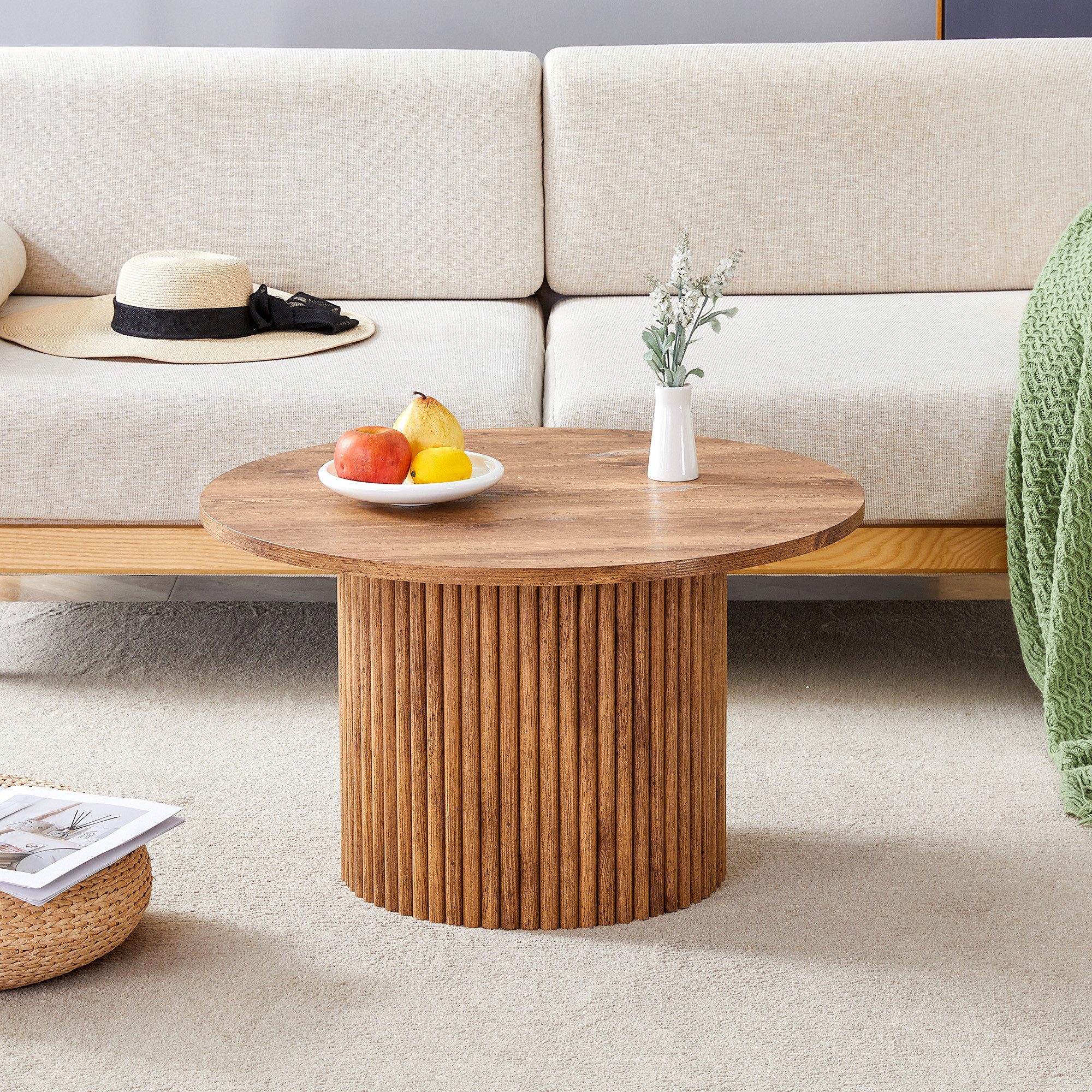 JUFU Couchtisch rund in Holzoptik, Beistelltisch mit geriffeltem Standfuß, ⌀ 70 cm (1-St)
