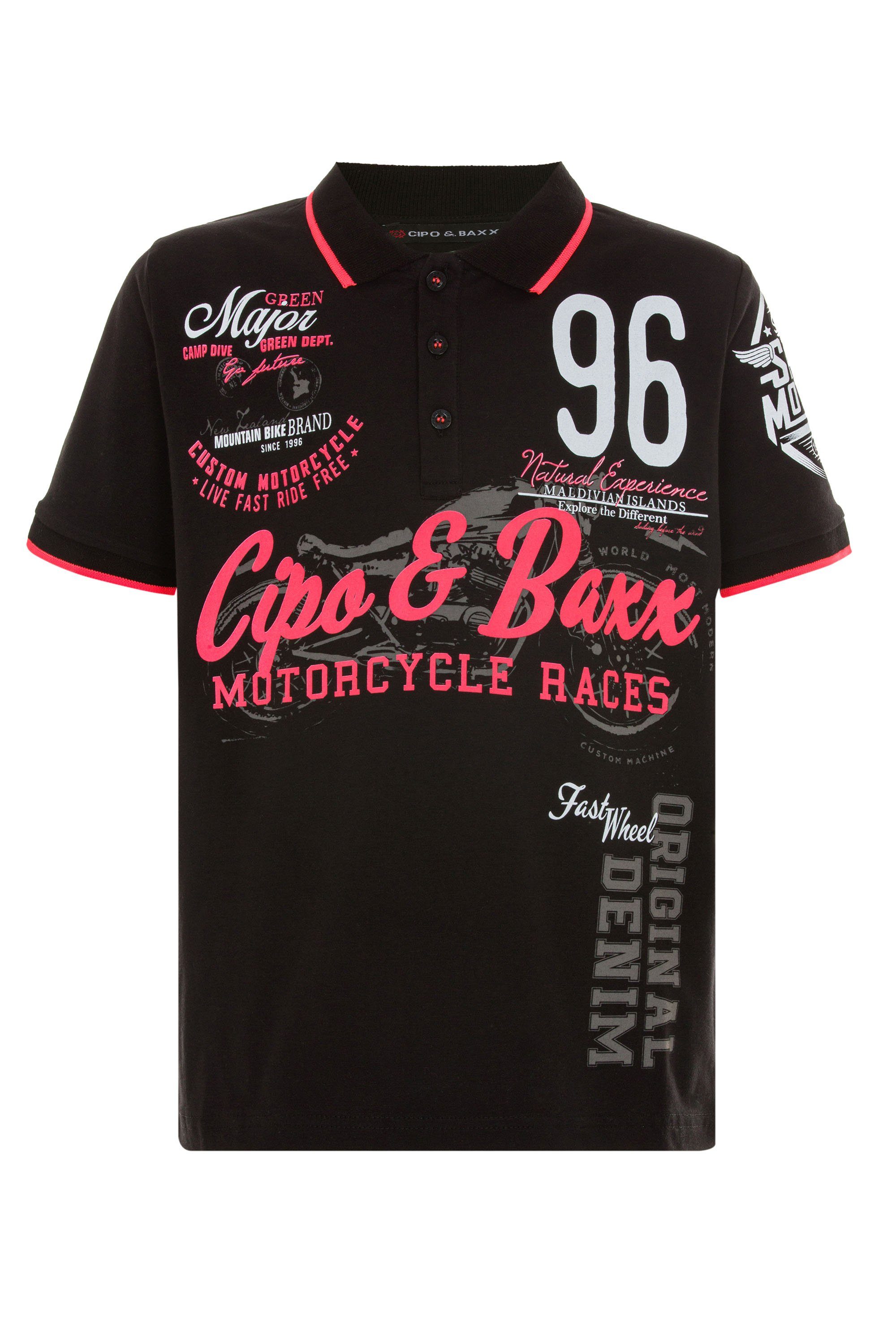 Cipo & Baxx Poloshirt schwarz trendigen mit Motorsport-Prints