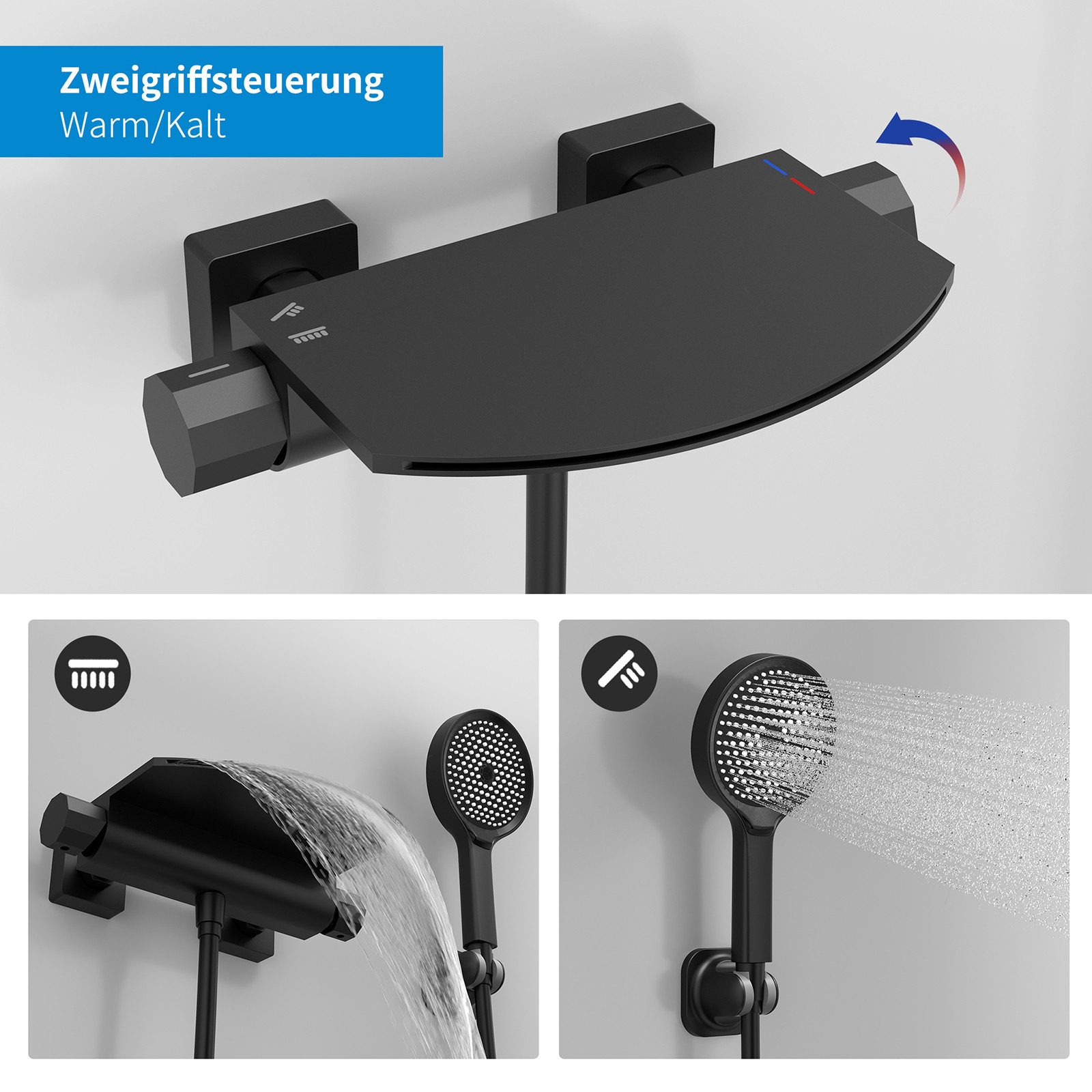 HOMELODY Brausegarnitur Badewannenarmatur Schwarz, Wasserfall Wannenarmatur,Messing, 2 Strahlart(en), Funktional und hochwertig – für ein rundum perfektes Dusch – Bild 4 von 5