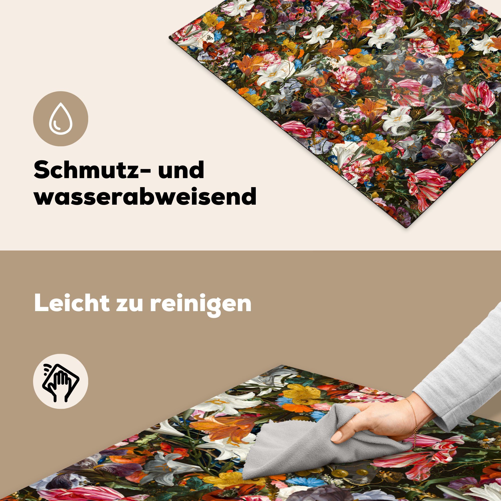 MuchoWow Herdblende-/Abdeckplatte Blumen die 71x52 Schmetterling Schutz für Design Abstrakt Vinyl, cm, - (1 Alte, küche, tlg), - - - - Malerei Kunst Induktionskochfeld Ceranfeldabdeckung 