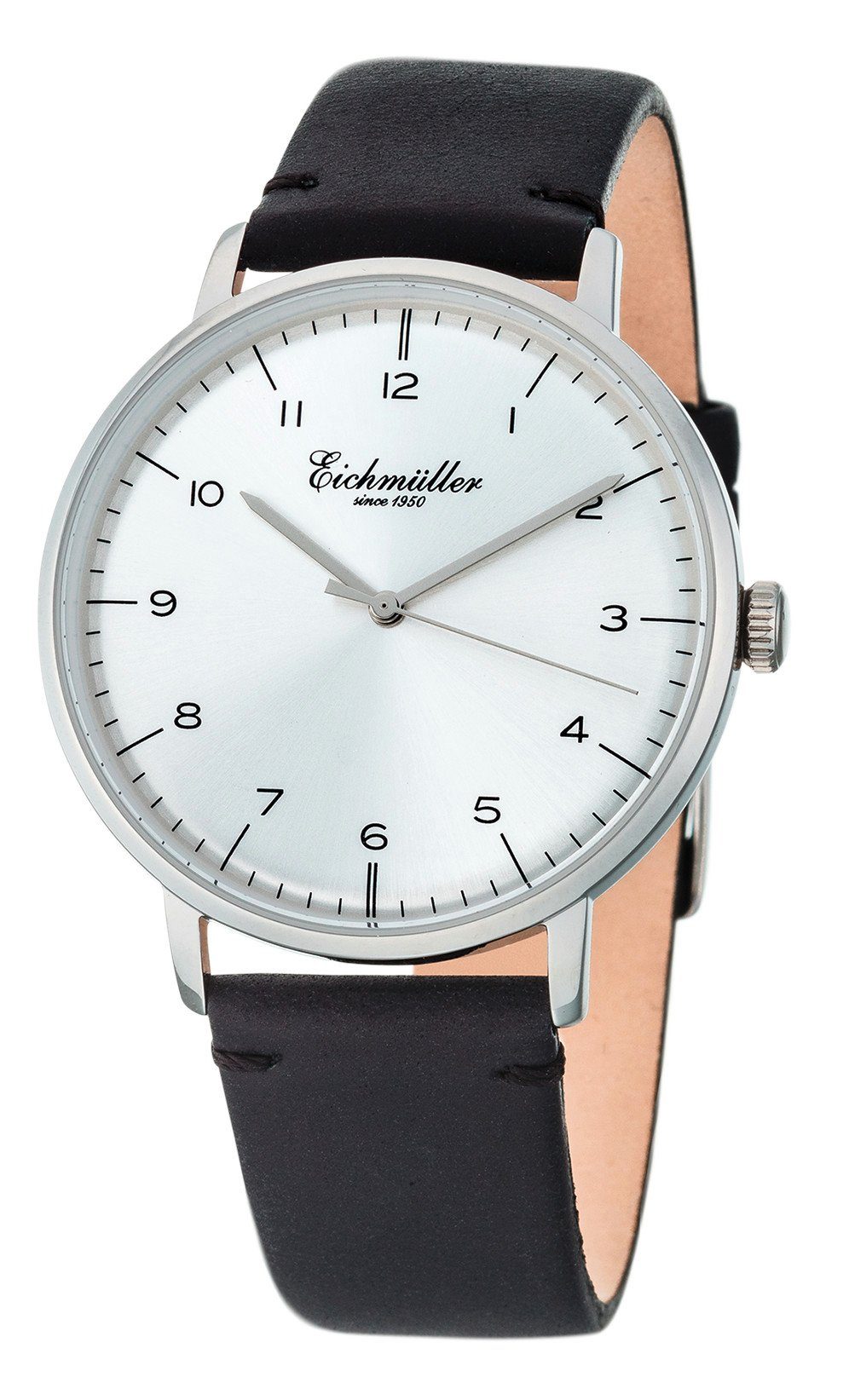 Eichmüller Quarzuhr Herrenuhr 3033-02 Silberfarben Lederband mm 41 Schwarz