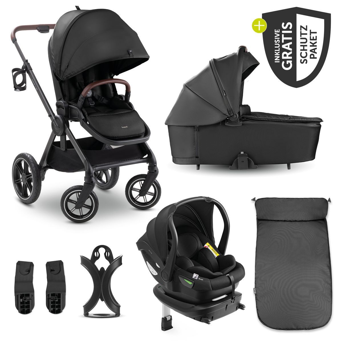 Hauck Kombi-Kinderwagen Comfort N Care Set - Black, 4in1 Kinderwagen mit Babywanne, Babyschale, Isofix Basis & Sportsitz