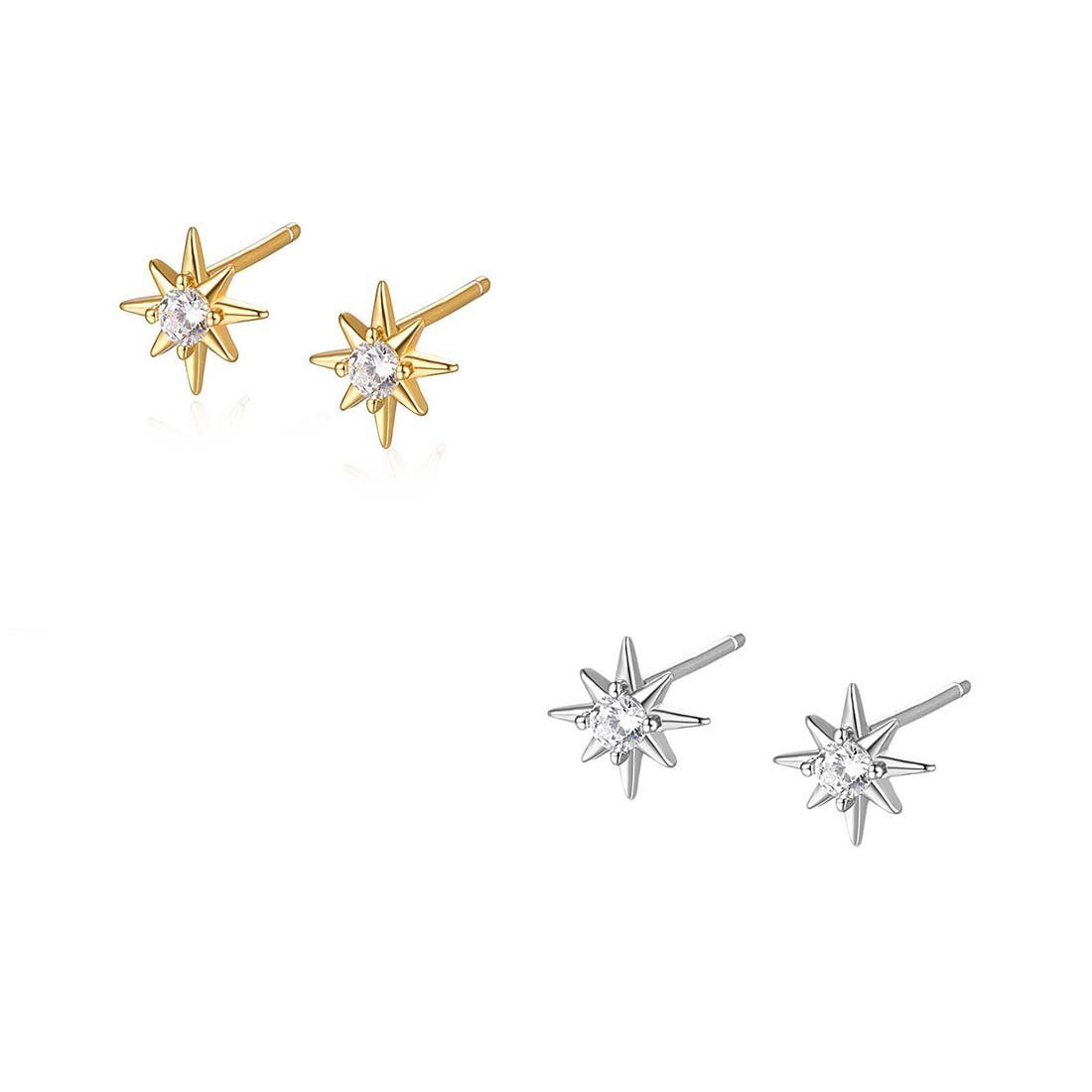 YANN Paar Ohrstecker Achtzackige Stern-Diamant-Ohrstecker, Gold- und Silberohrringe, geeignet für Damen und Mädchen