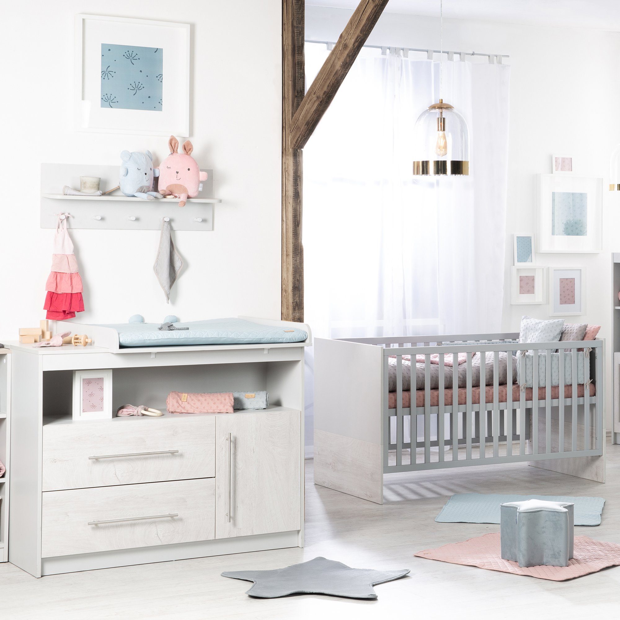 roba® Babyzimmer-Komplettset Maren 2, Gitterbett & Wickelkommode, Lichtgrau/Weiß
