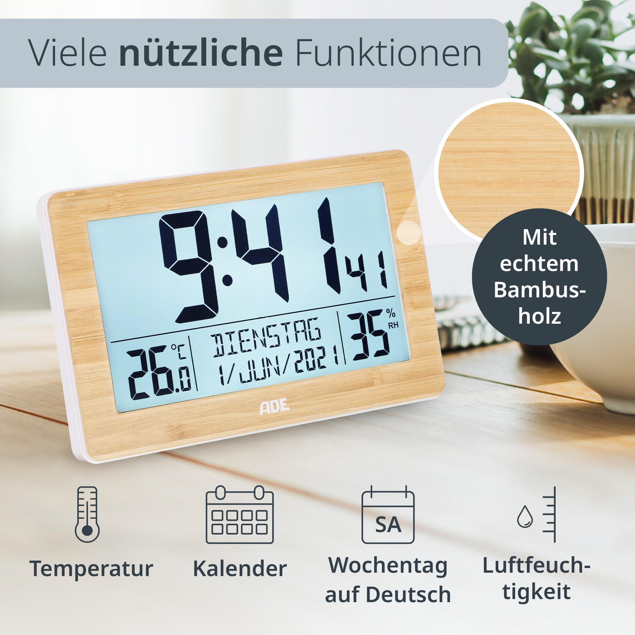ADE Funktischuhr Digital, Tischuhr & Wanduhr mit XL-Display & großen Ziffern, Funk Funkuhr mit Hygrometer, Datum & Wochentag, inkl. 2 AA Batterien