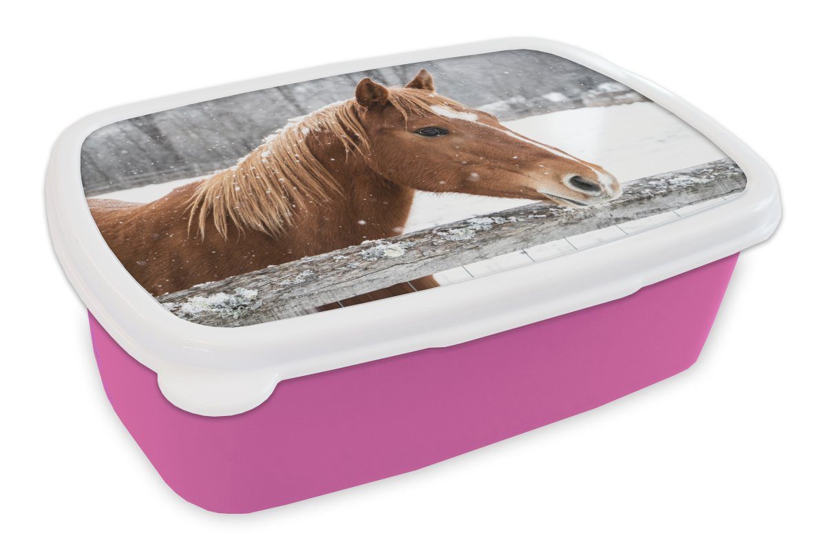MuchoWow Lunchbox Pferd - Schneeflocke - Zaun - Winter, Kunststoff, (2-tlg), Brotbox für Erwachsene, Brotdose Kinder, Snackbox, Mädchen, Kunststoff rosa