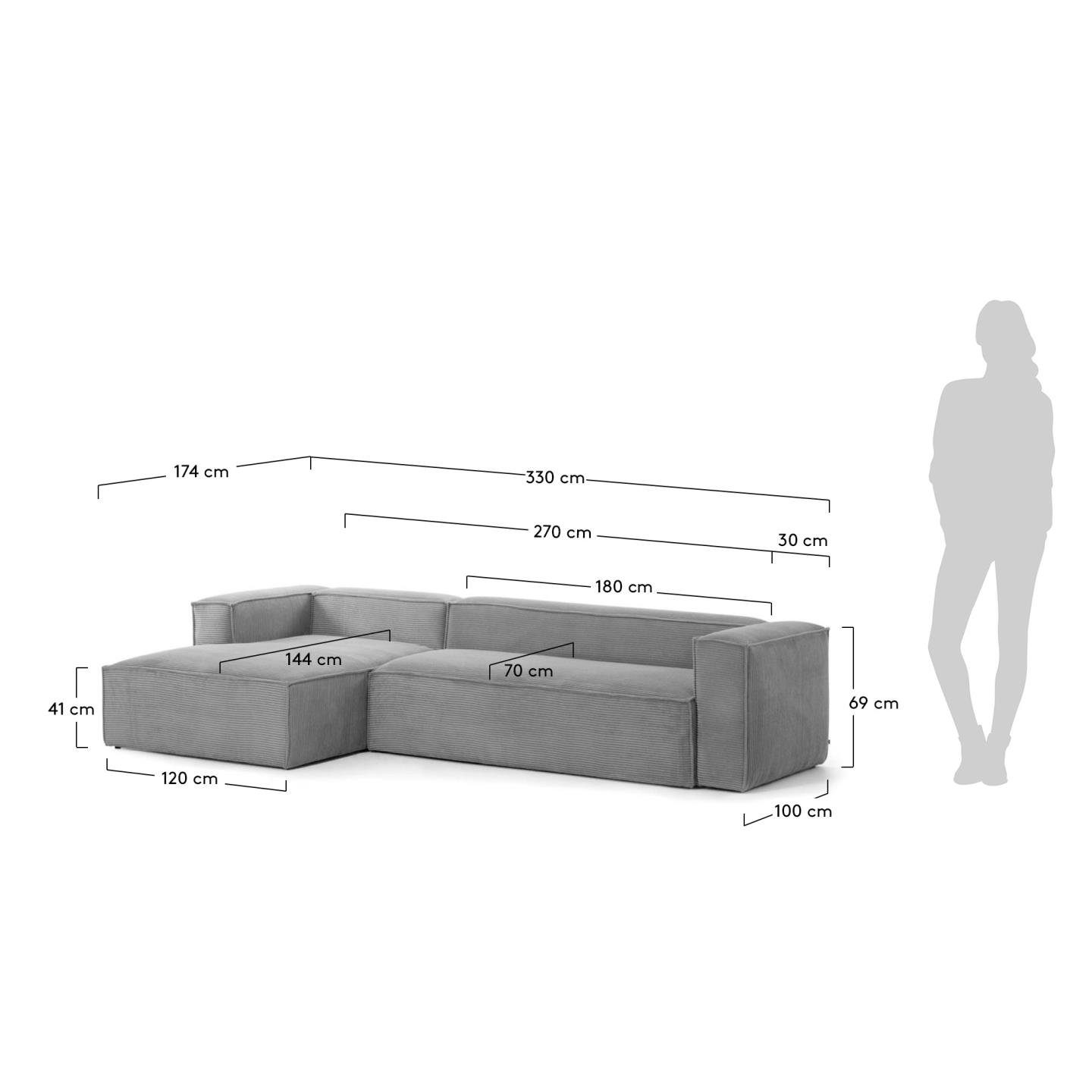 Natur24 3-Sitzer Kord 330cm mit Longchair Couch Blok Sofa grau Sofa links
