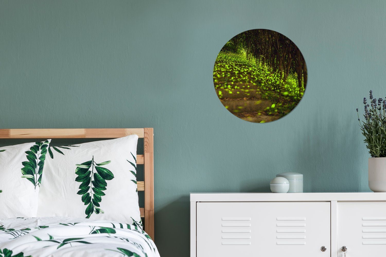 Kreis (1 MuchoWow Landschaft, eine cm Gemälde fliegen St), Rundes über Wanddekoration Grüne Glühwürmchen Forex, Wohnzimmer, tief flache 30x30 Wandbild,