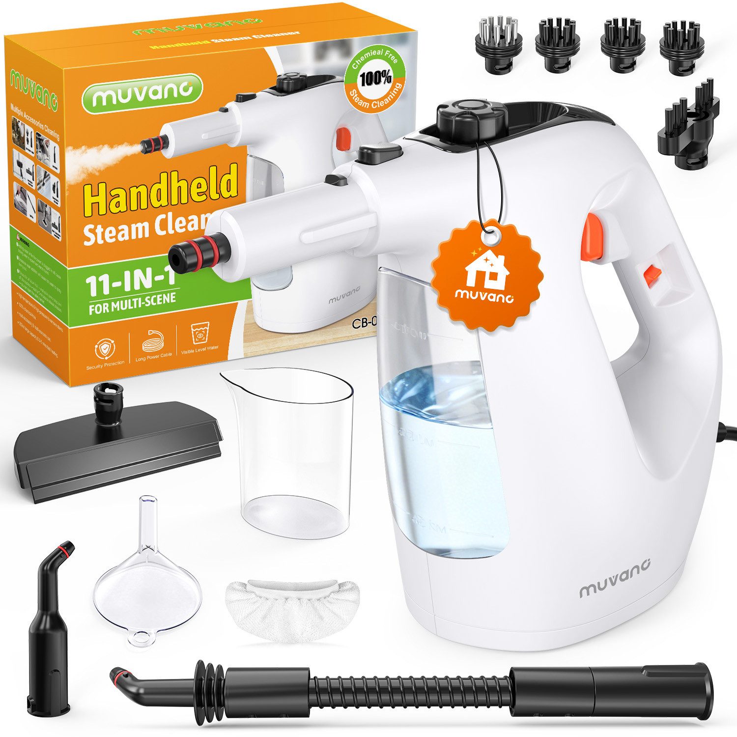muvano Handdampfreiniger Dampfreiniger,450ml Mehrzweckdampfreiniger mit 11-teiligem Zubehör, 1500 W, für den Heimgebrauch,Reinigung von Böden,Fliesen,Fenstern,Sofas (weiß)