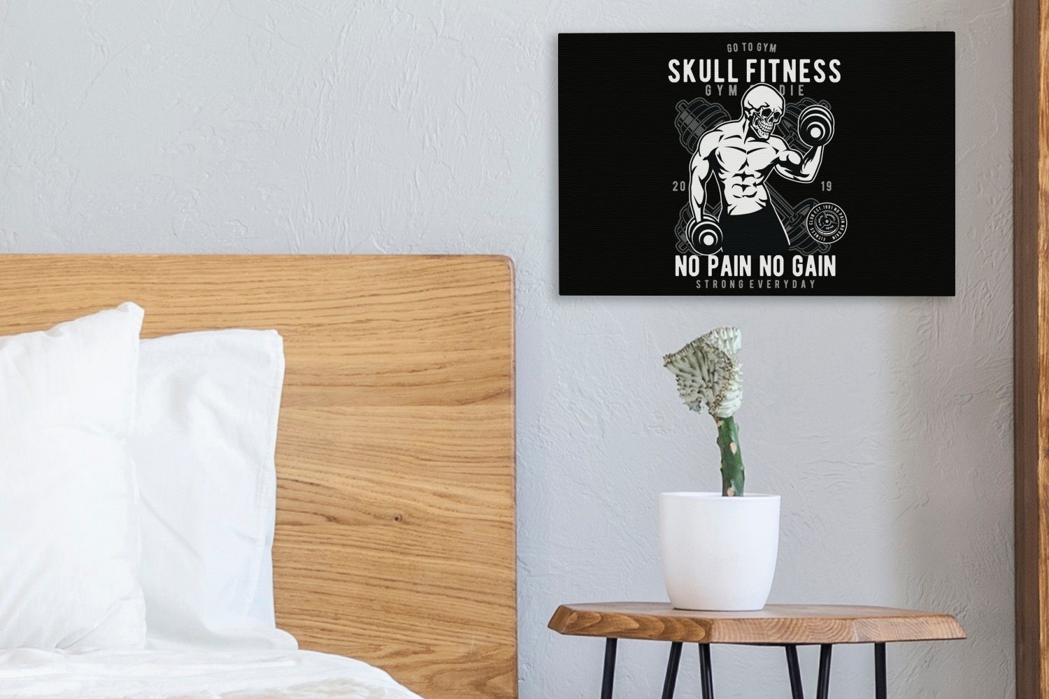 (1 Fitness - Skelett Leinwandbild - - Leinwandbilder, Wandbild cm Wanddeko, Gewichte 30x20 St), Aufhängefertig, OneMillionCanvasses® Vintage,