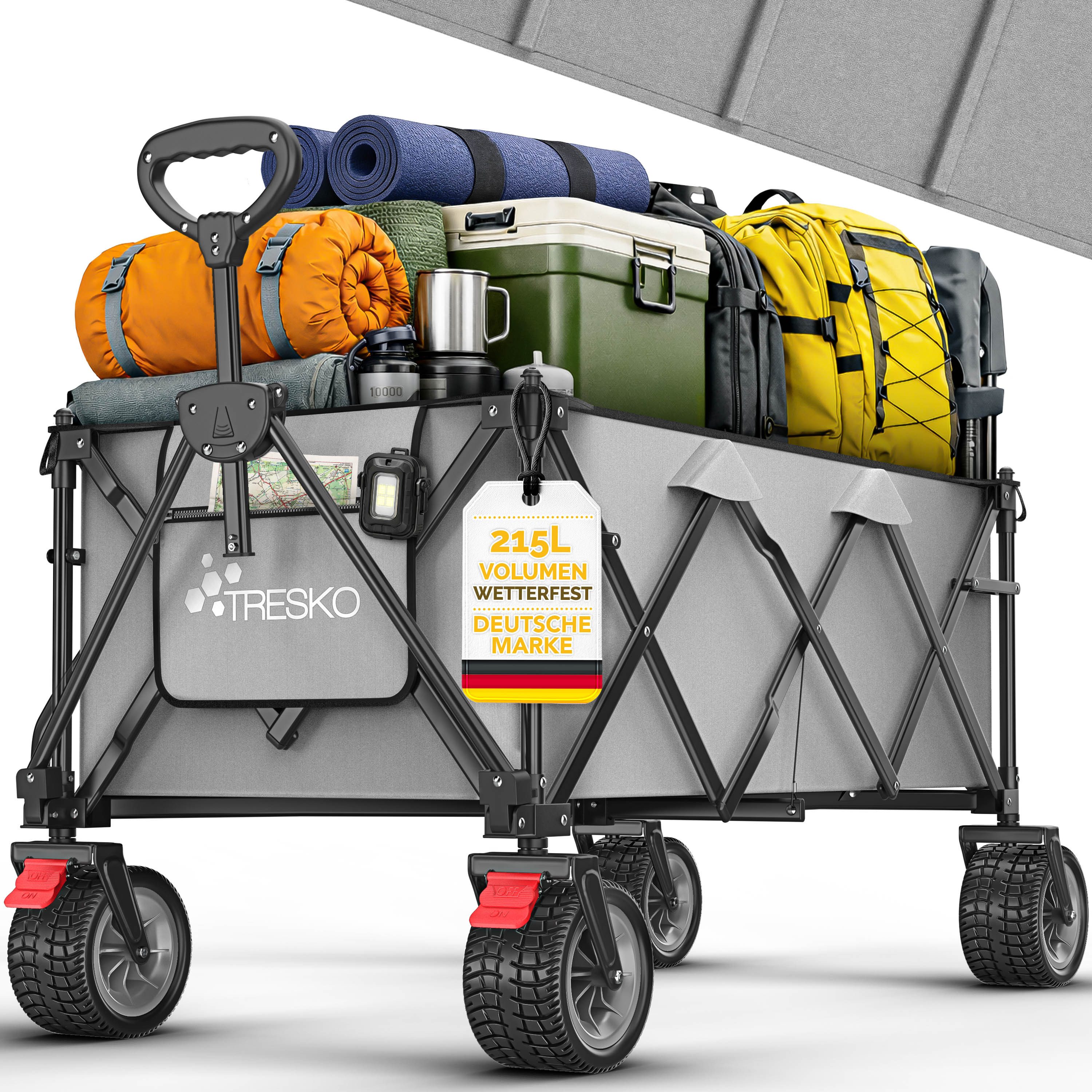 TRESKO Bollerwagen TRESKO® GV-215 Faltbarer Bollerwagen Handwagen (Faltbarer Strandwagen Extra Breite All-Terrain-Räder, Transportwagen mit Tragetasche), faltbar 215L mit Bremse Handwagen klappbar 150kg inkl. Vollgummireifen