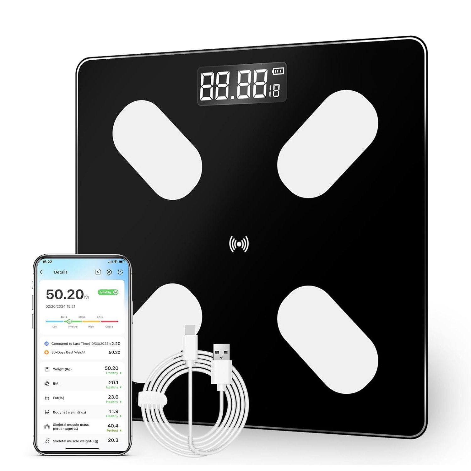 AKKEE Körper-Analyse-Waage Bluetooth Personenwaage mit App LCD-Smart Digitale Waage, Körperfettwaage