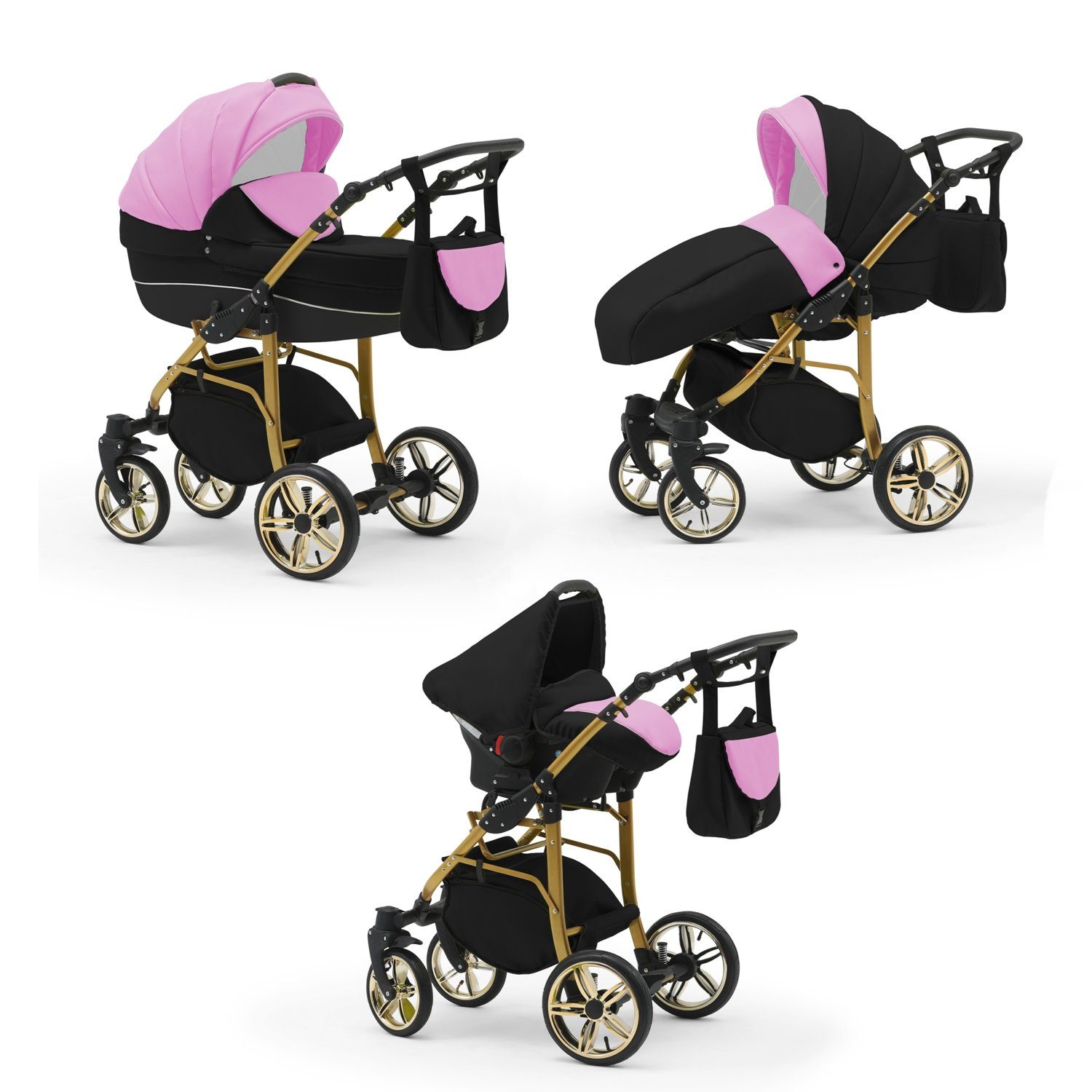 babies-on-wheels Kombi-Kinderwagen 3 in 1 Kinderwagen-Set Cosmo Gold- 16 Teile - in 46 Farben Schwarz-Pink-Schwarz