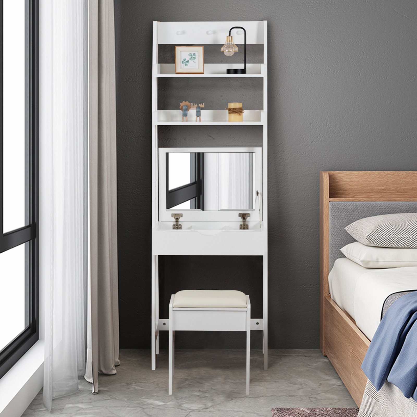 COSTWAY Schminktisch, mit Hocker, Klappspiegel, Ablagen, Haken, 60x40x180cm günstig online kaufen