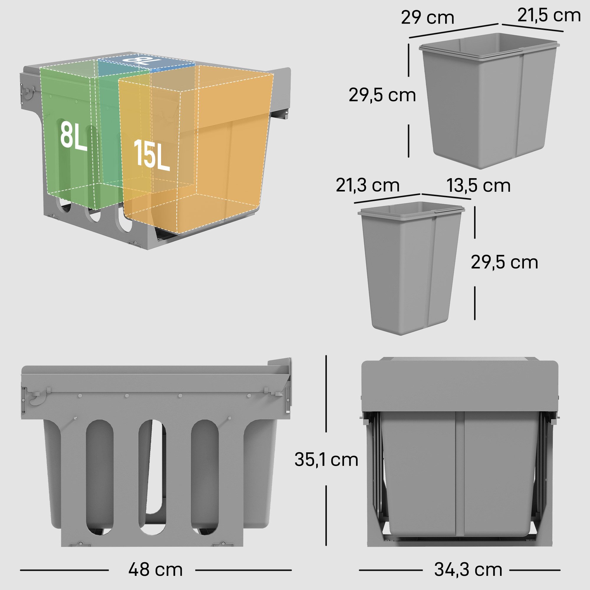 HOMCOM Einbaumülleimer Untertischbehälter mit herausnehmbaren Eimern, Ausziehbar, Soft-Close, 3 Fächer