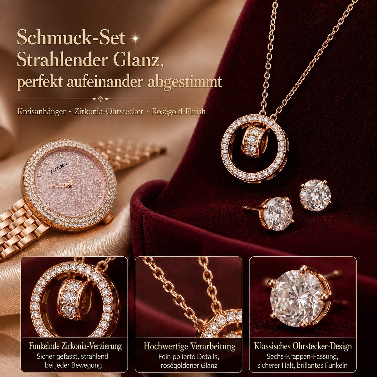 Fyrove Quarzuhr Geschenk für Frauen Roségold Armbanduhr mit, (Zirkonia, Halskette & Ohrringe in edler Geschenkbox, 3-tlg., QuarzArmbanduhr für Alltag & Festanlässe), Weihnachtsgeschenk,Valentinstagsgeschenk