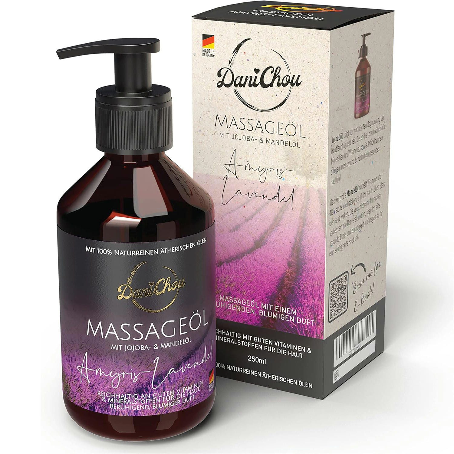 DaniChou Massageöl Amyris-Lavendel 250 ml – 100% vegan & natürlich – Intensiv pflegend mit Jojoba- und Mandelöl – Luxuriöses Lavendel-Amyris, 1-tlg., Made in Germany – Premium Massageöl mit Jojoba- & Mandelöl