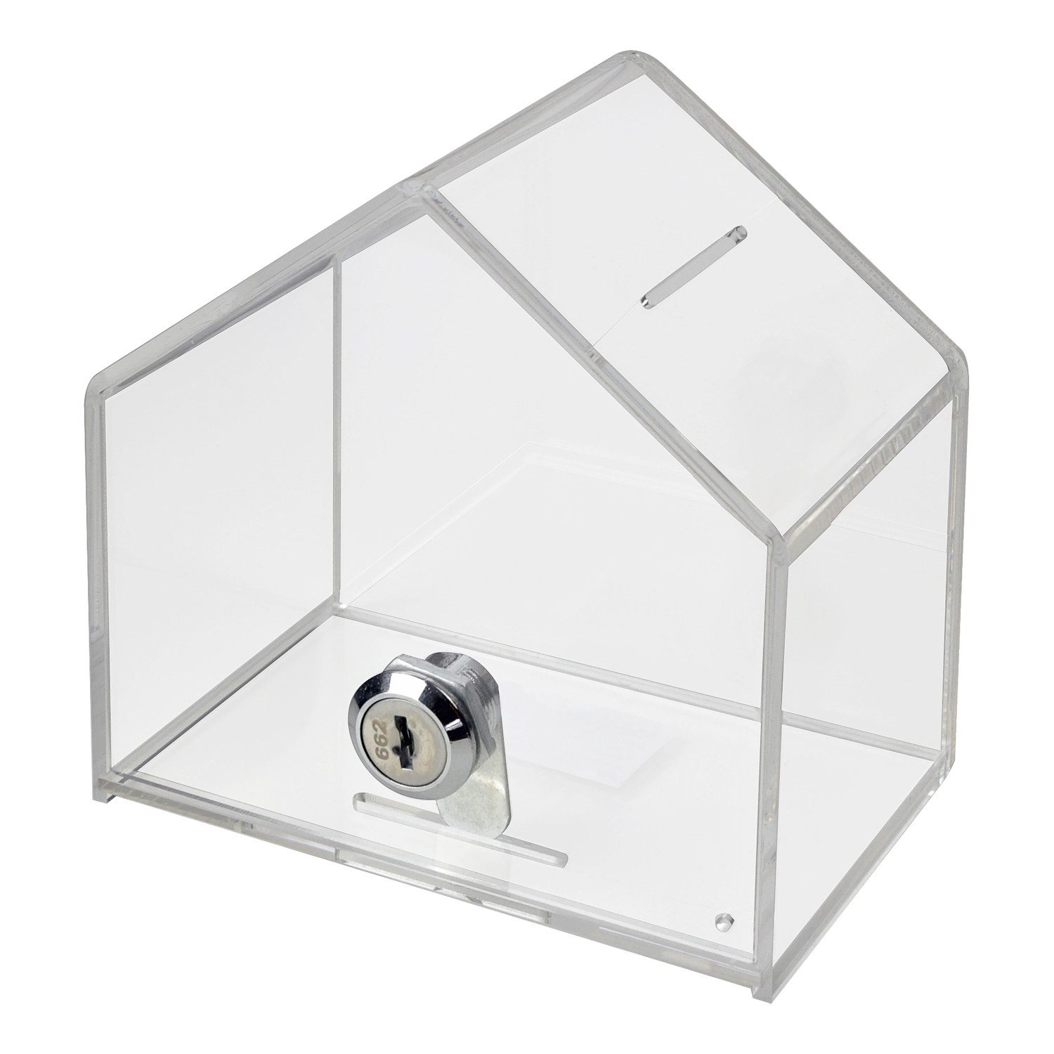 HMF Geldkassette Spendenbox 46911, Acryl Spendenhaus mit Schloss, 13,8 x 12,5 x 9 cm, transparent