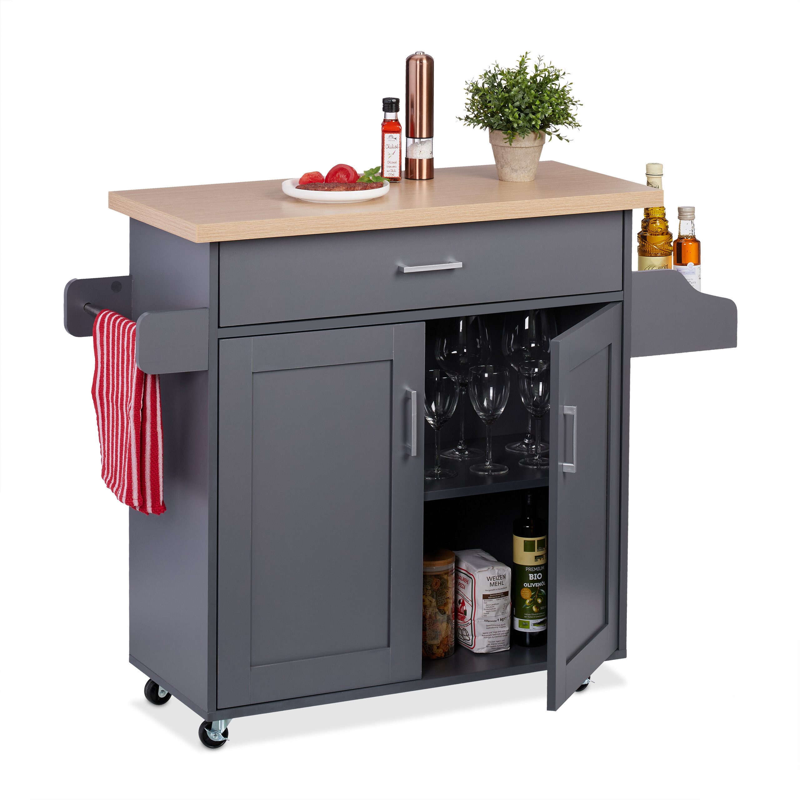 relaxdays Küchenwagen mit Arbeitsplatte, grau günstig online kaufen