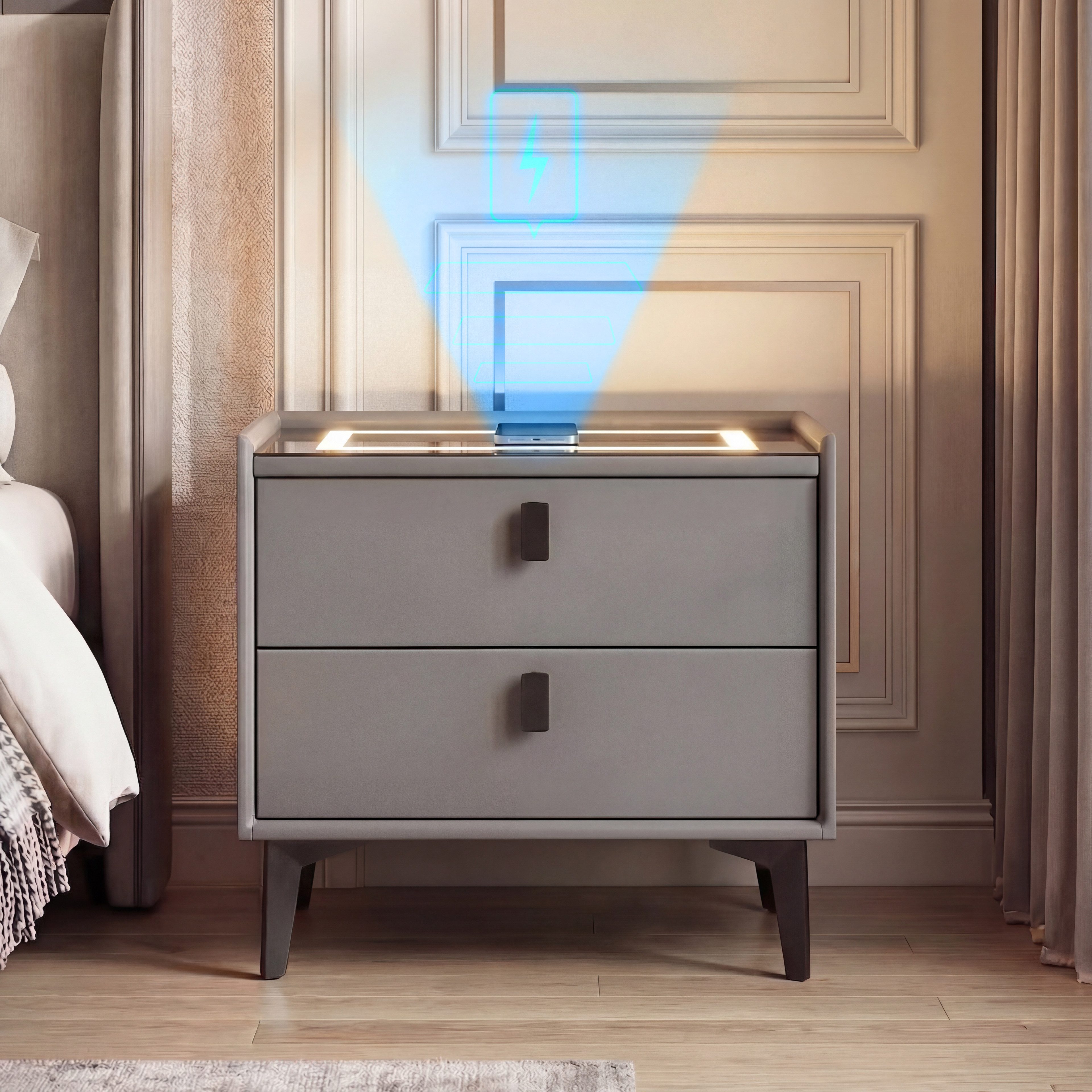 oyajia Nachttisch Nachtschrank mit Bluetooth-Lautsprecher & Kabelloser Ladefunktion (Touch-Bedienung, Elegantes Spiegel-Design), Modern Hochglanz Nachtschrank mit 2 Schubladen