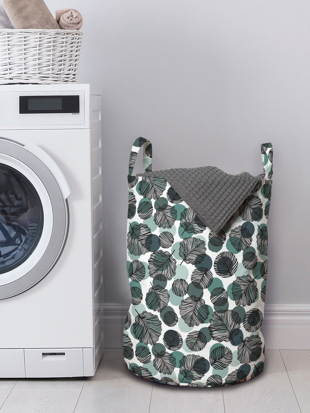 Wäschesäckchen Wäschekorb mit Dots-Laub Blätter Waschsalons, Kordelzugverschluss Abstrakt Griffen Abakuhaus für