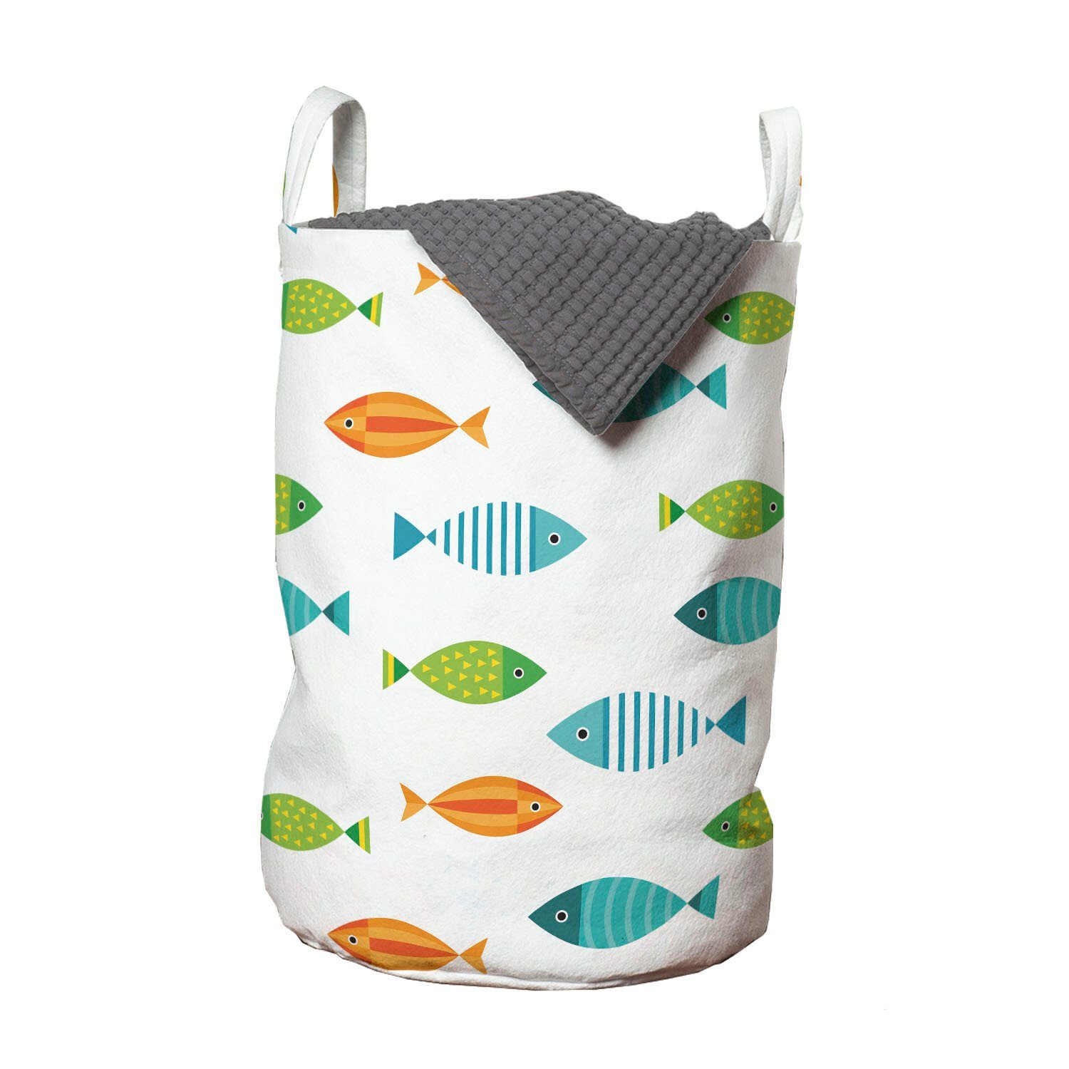 Abakuhaus Wäschesäckchen Wäschekorb mit Griffen Kordelzugverschluss für Waschsalons, Fisch Geometrische Formen und Streifen | Wäschesäcke