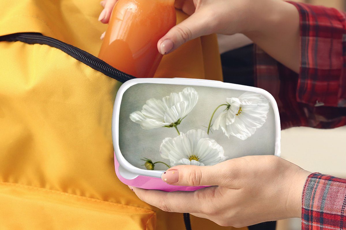 MuchoWow Lunchbox (2-tlg), Weiß Kunststoff rosa Erwachsene, Kunststoff, Botanisch, Brotdose - Brotbox Kinder, Blumen Mädchen, Mohn - Stillleben Snackbox, - für 