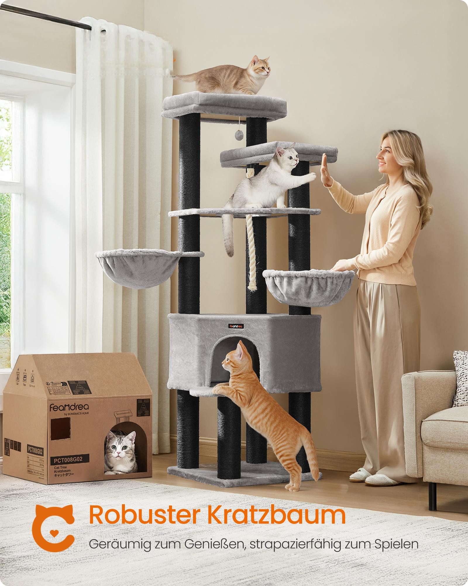 FEANDREA Kratzbaum 141 / 186 cm (H), Katzenbaum, für große katzen, 13 dicken Säulen (11 cm d), stabil, Kippschutz
