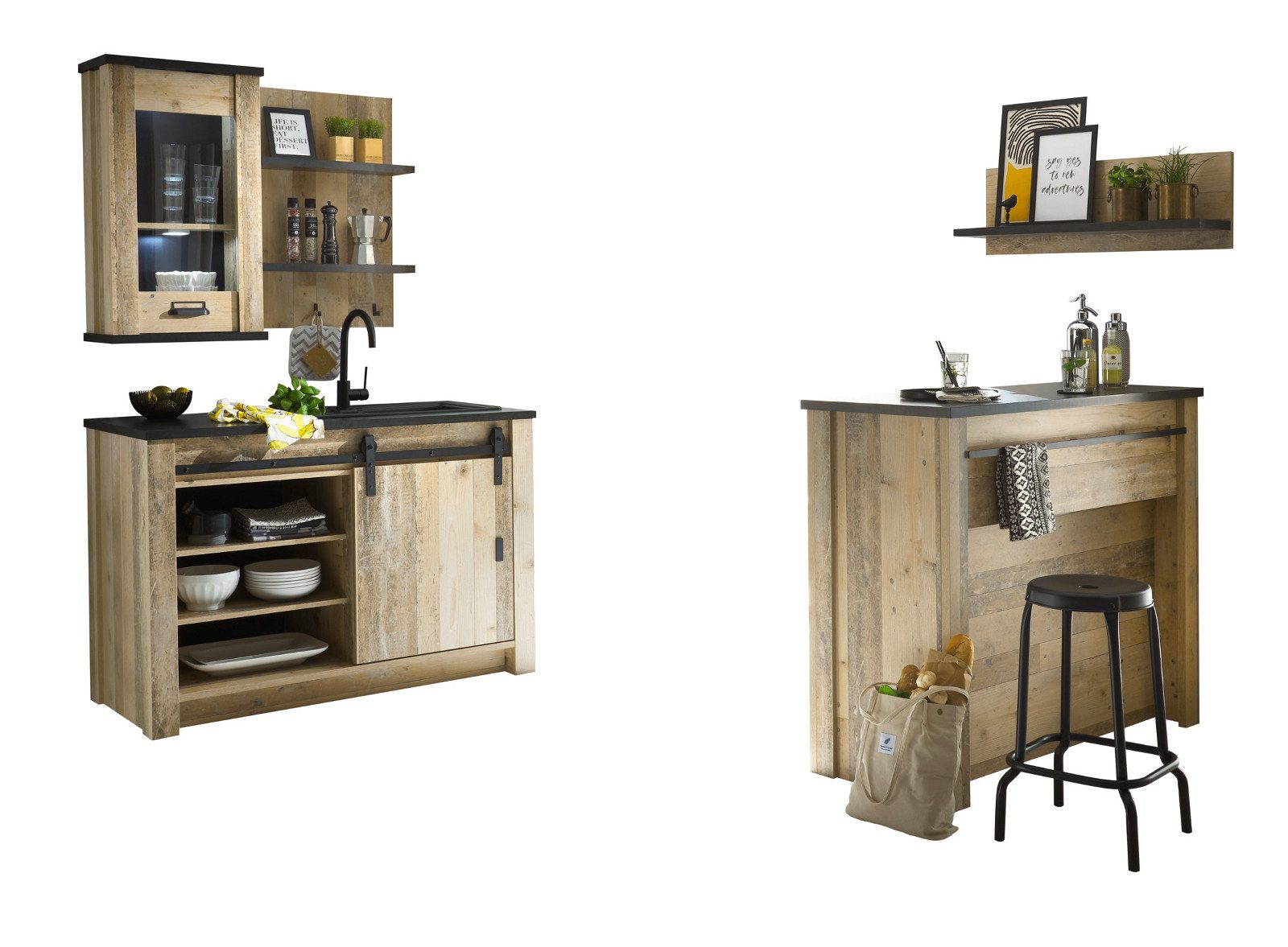 Furn.Design Küchenbuffet Stove (Küche in Used Wood und Anthrazit, Set 5-teilig) inklusive Küchentheke, Soft-Close