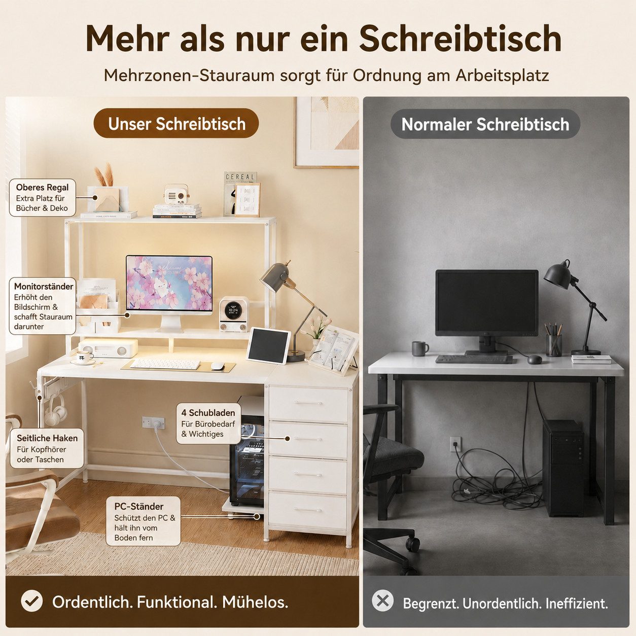 Yorbay Eckschreibtisch L-Form 140 cm mit 4 Schubladen & Steckdose, Computertisch mit USB, LED, Regal – für Gaming & Home Office – Bild 4 von 5