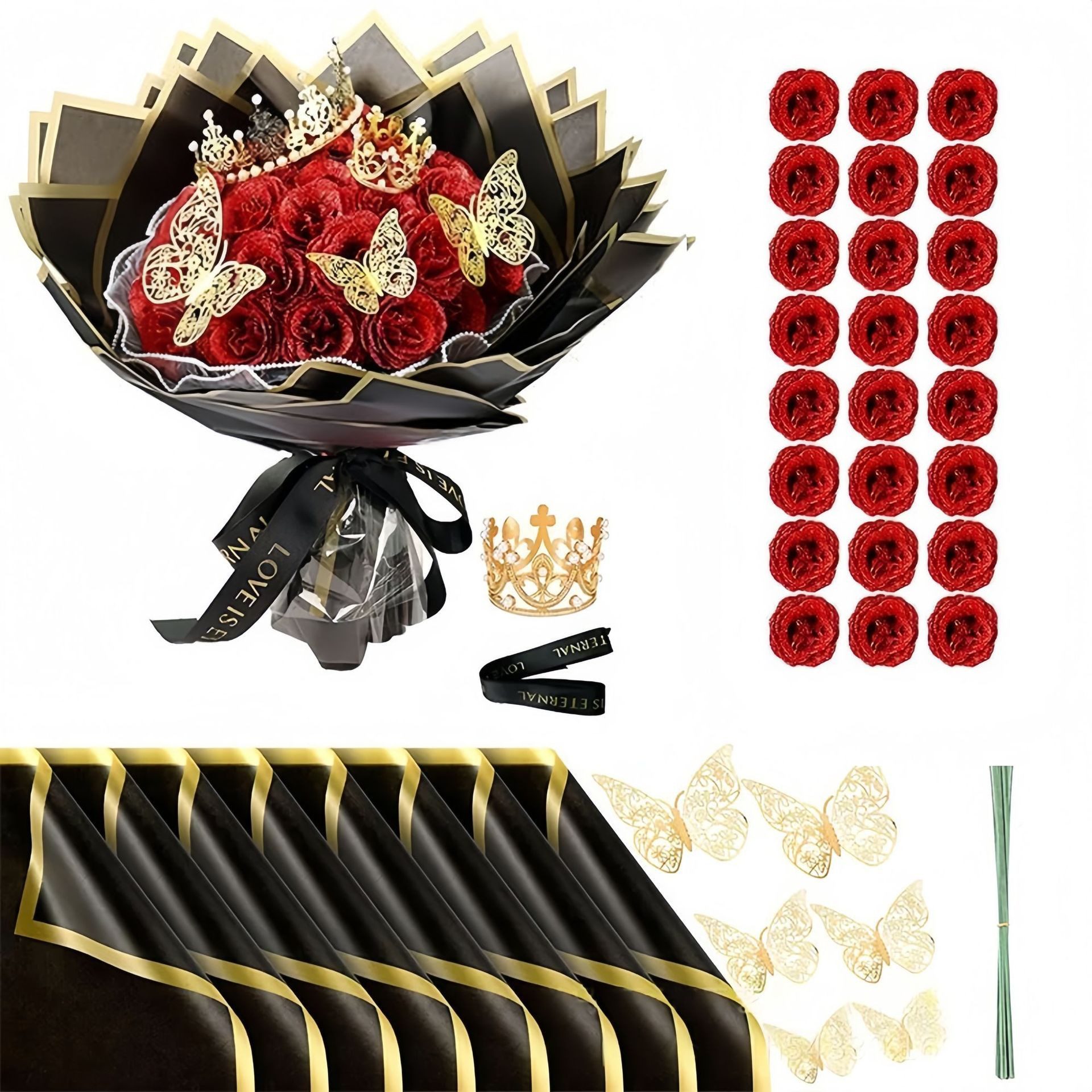 Kunstblume 24 Stück Glitzer-Rosenstrauß, Glitzer Rosen Bouquet, künstliche, Agger, Rosensträuße mit Krone für Geschenke Hochzeitstag Geburtstag