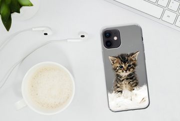 MuchoWow Handyhülle Kätzchen - Federn - Grau, Handyhülle Apple iPhone 12, Smartphone-Bumper, Print, Handy