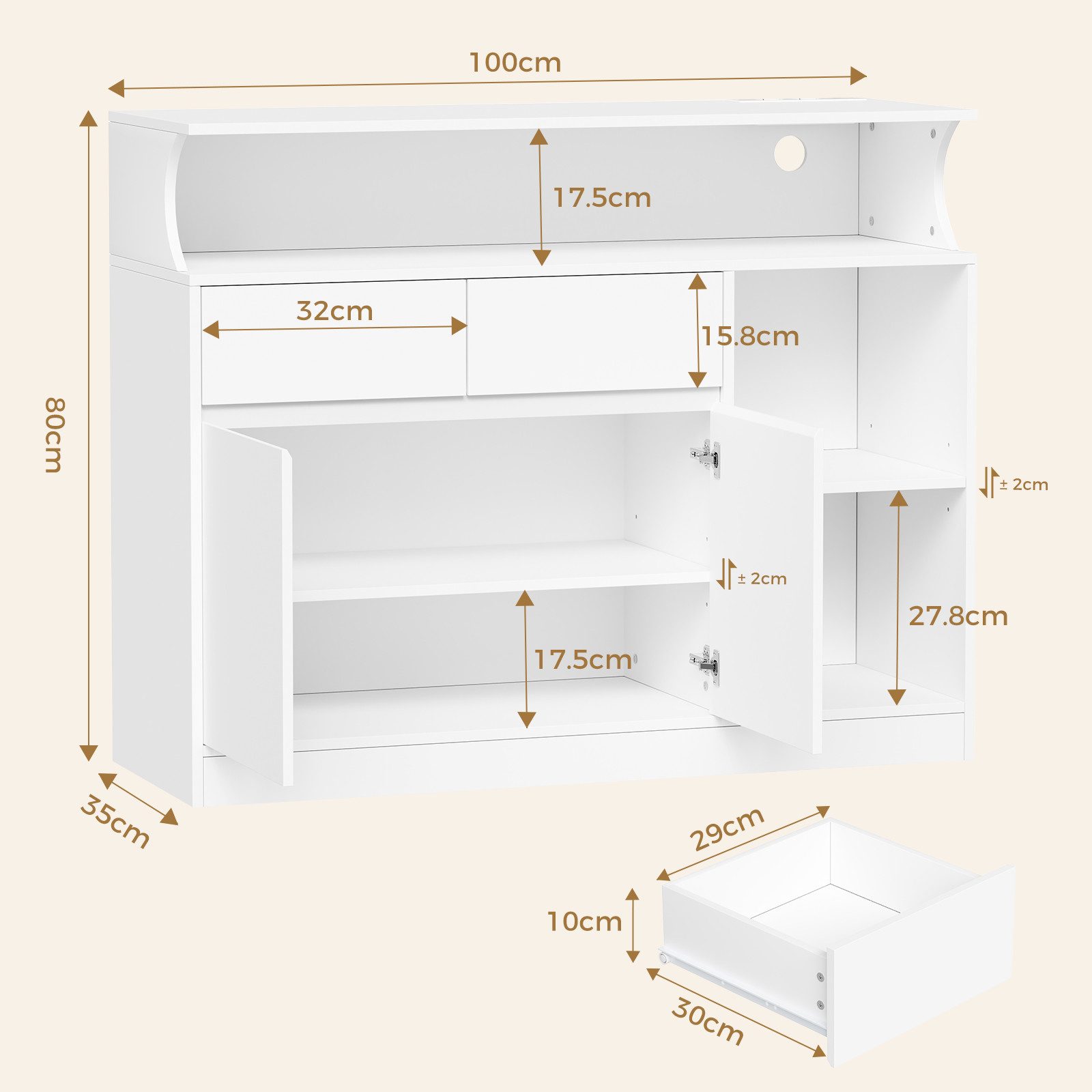 BEWISHOME Sideboard Küchenmöbel, mit Ladestation und LED-Beleuchtung, weiß (1 St), Beleuchtet und mit Steckdosenleiste